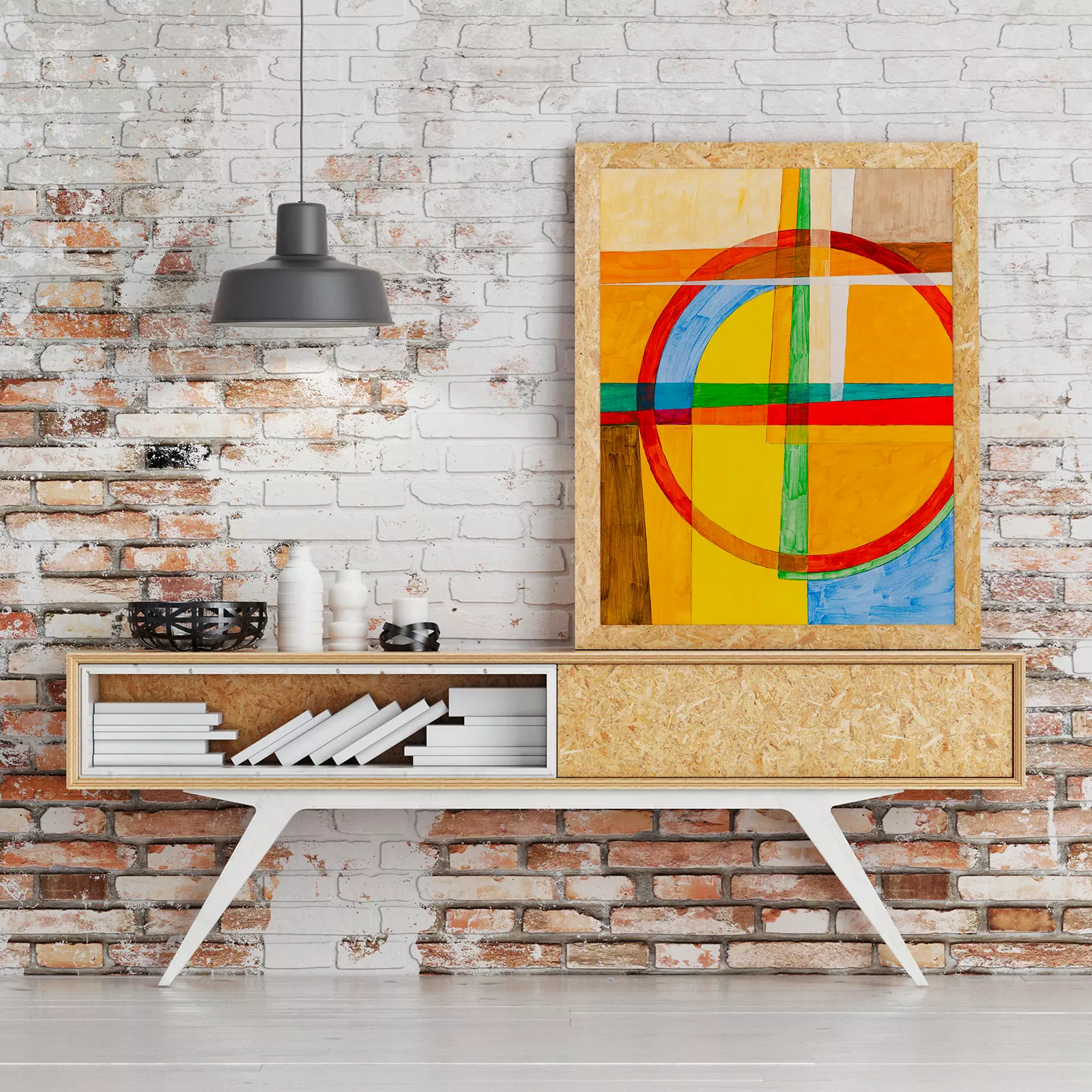 An Abstract Painting with Circular and Cross Motifs