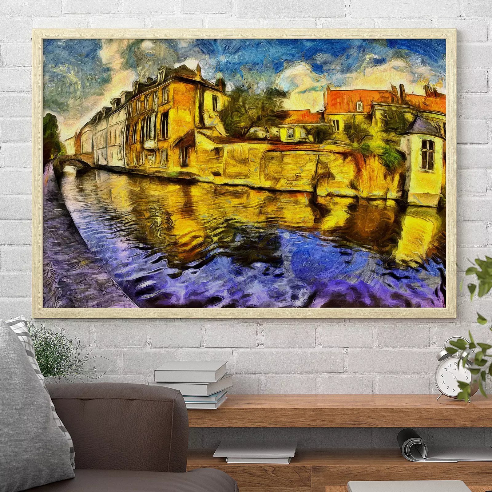 Brugge canal and buildings colorful oil painting