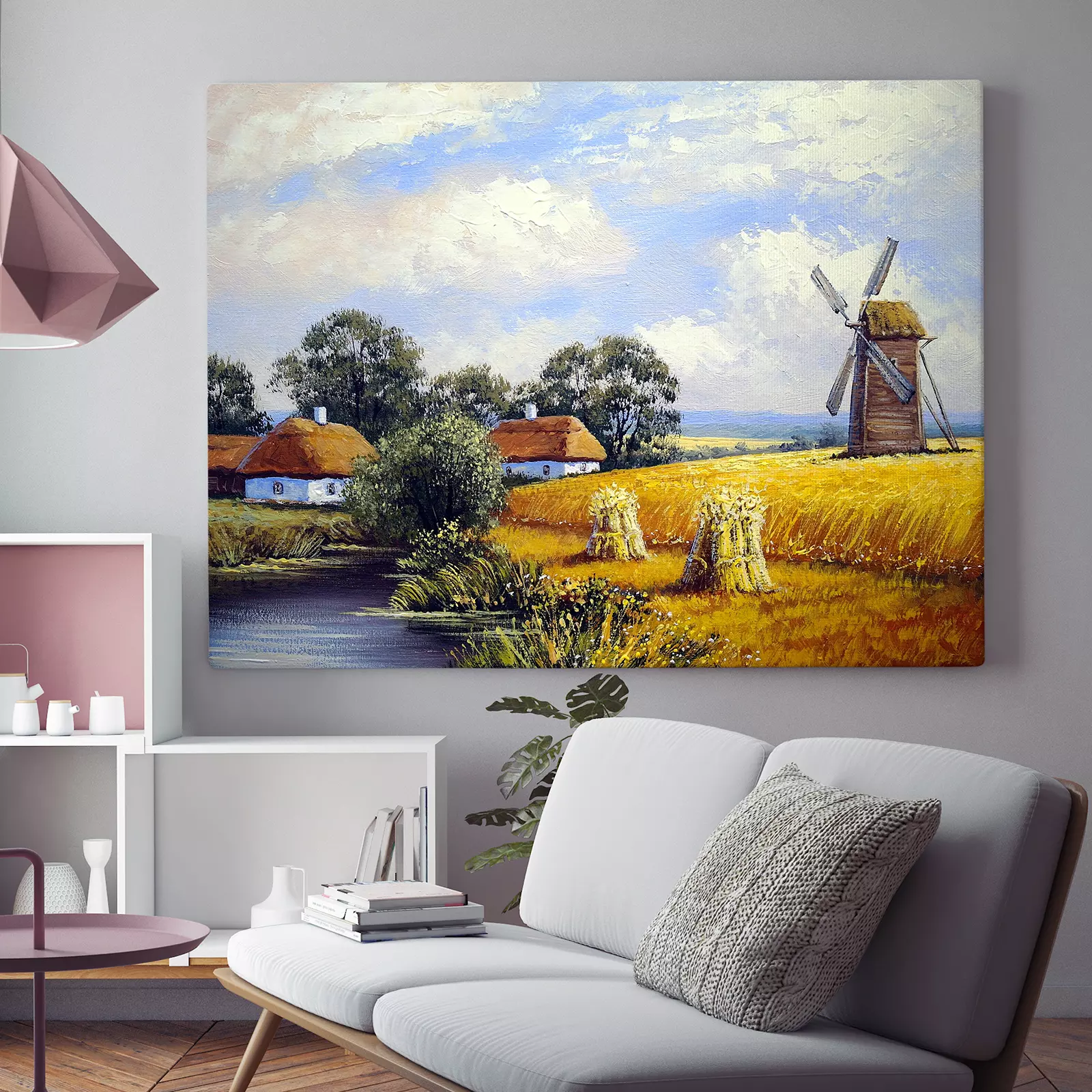 Landscape Of Wheat Field & Windmill