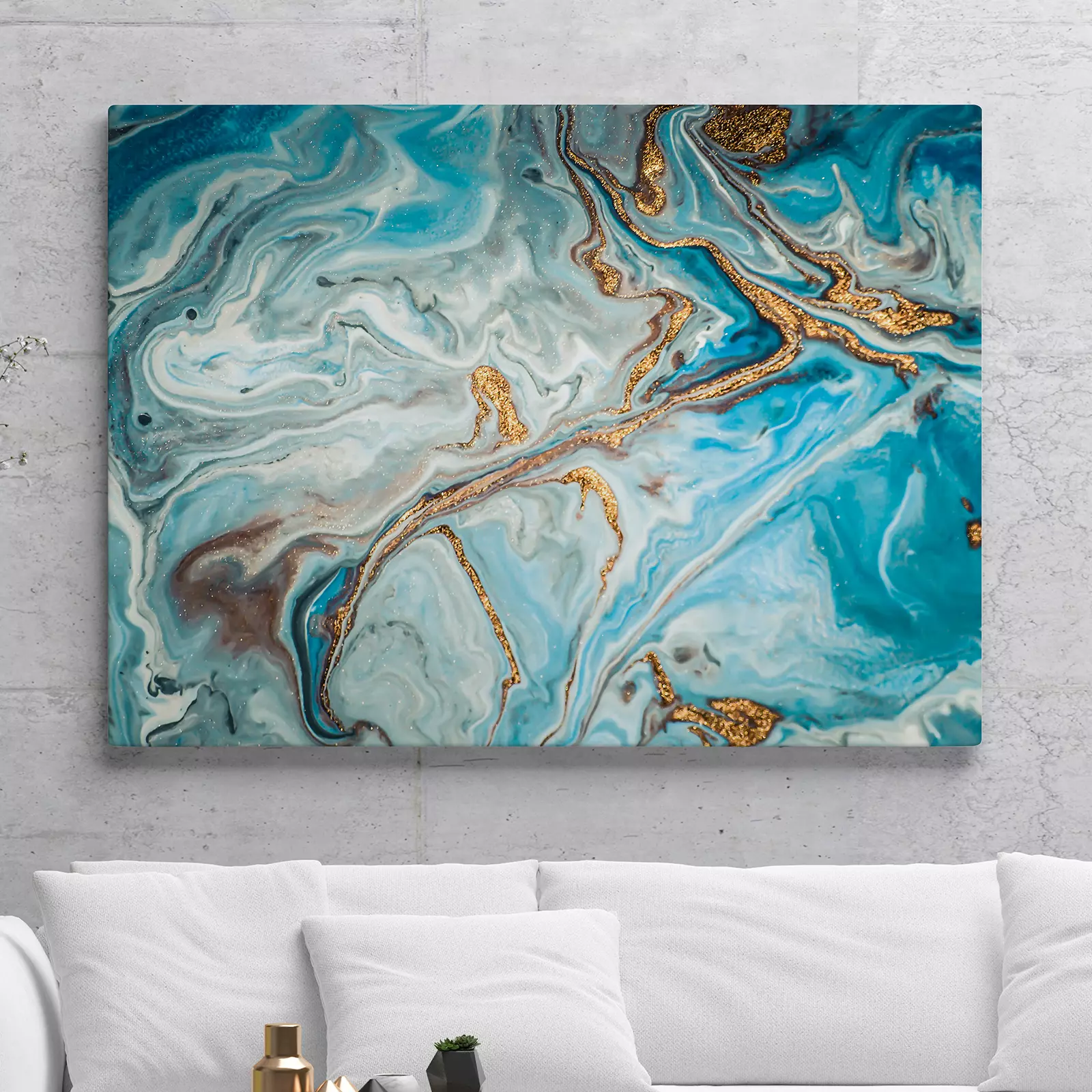 Eastern paint flow technique with gold glitters