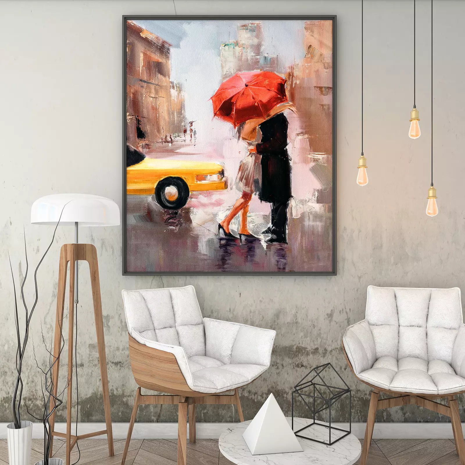 Oil Painting, Couple Under The Red Umbrella On Street – Merawalaprint ...