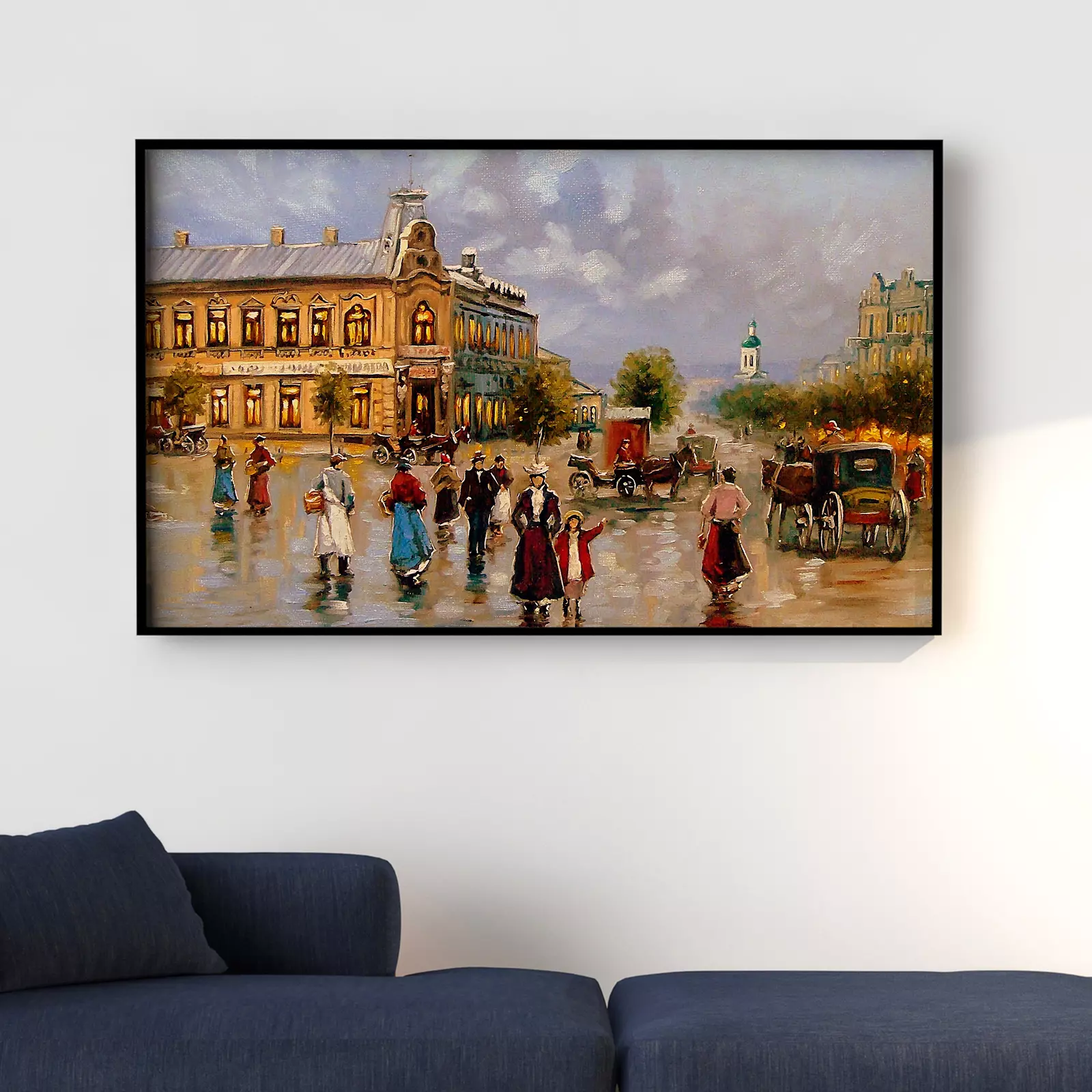Oil Europian City painting with Vintage Horse Taxi