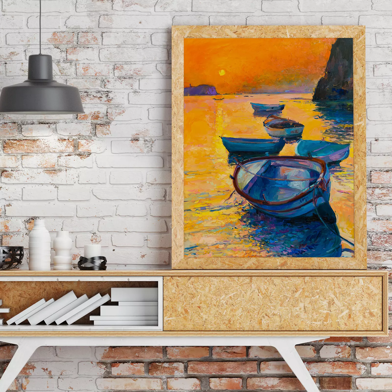 Oil Painting Of Boat & Ocean At Sunset