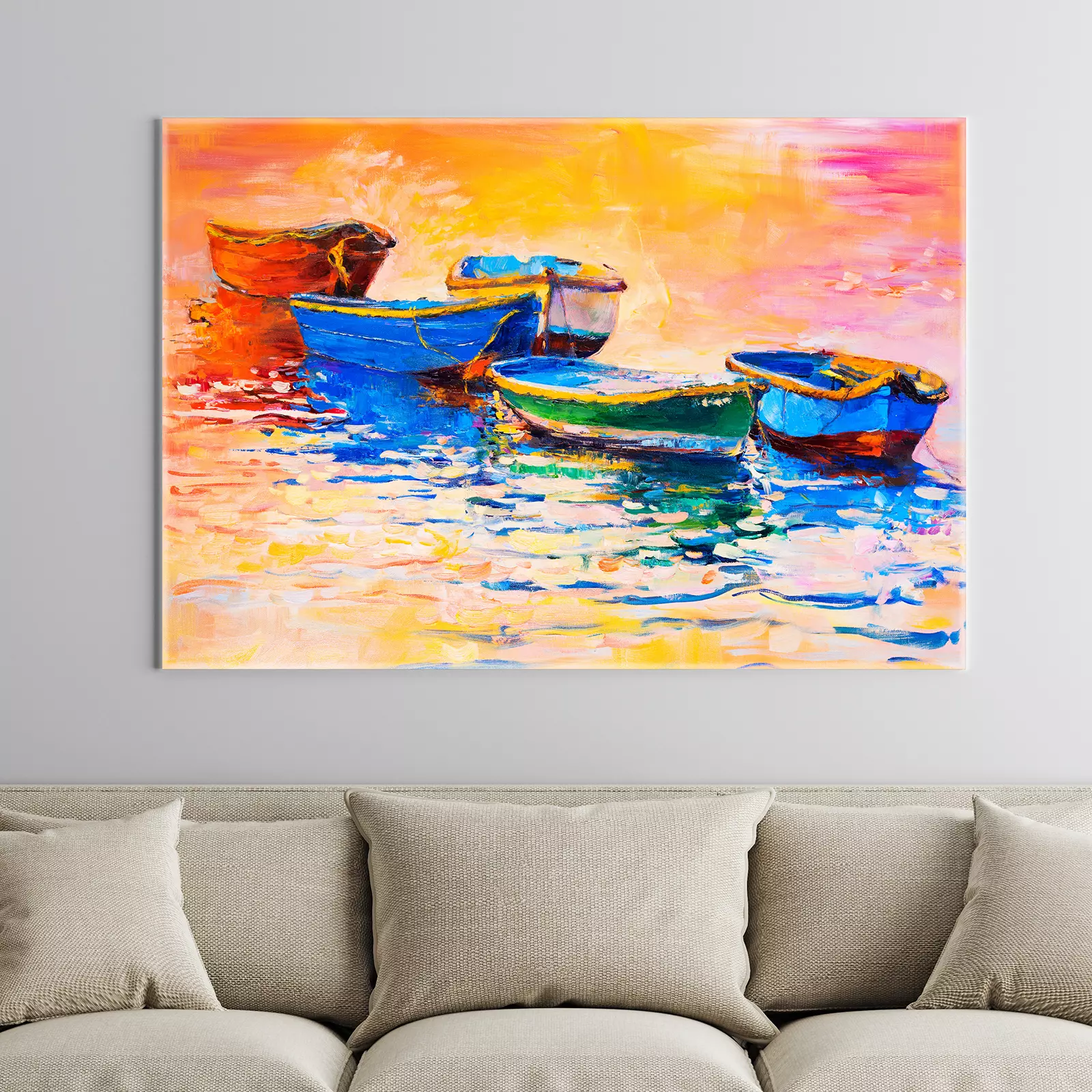 Oil Painting On Canvas Boat & Sun