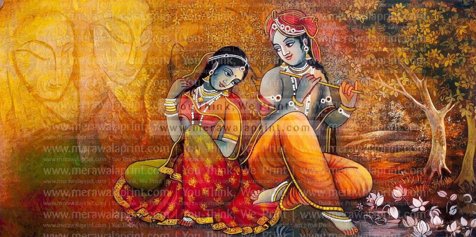 Radha Krishna Hindu Deities in Gold Background, Oil Painting ...