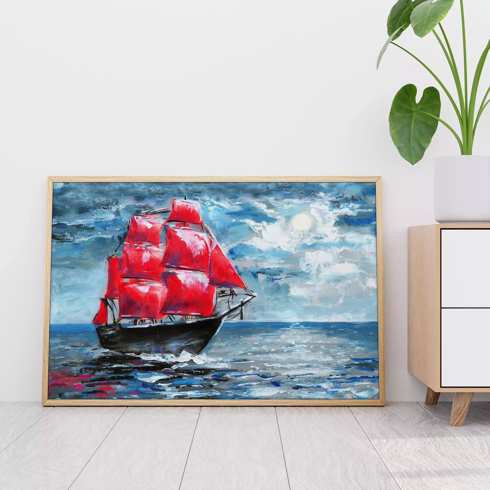 Scarlet Sails, Oil Painting. Ship in Ocean. Celebration in St. Petersburg