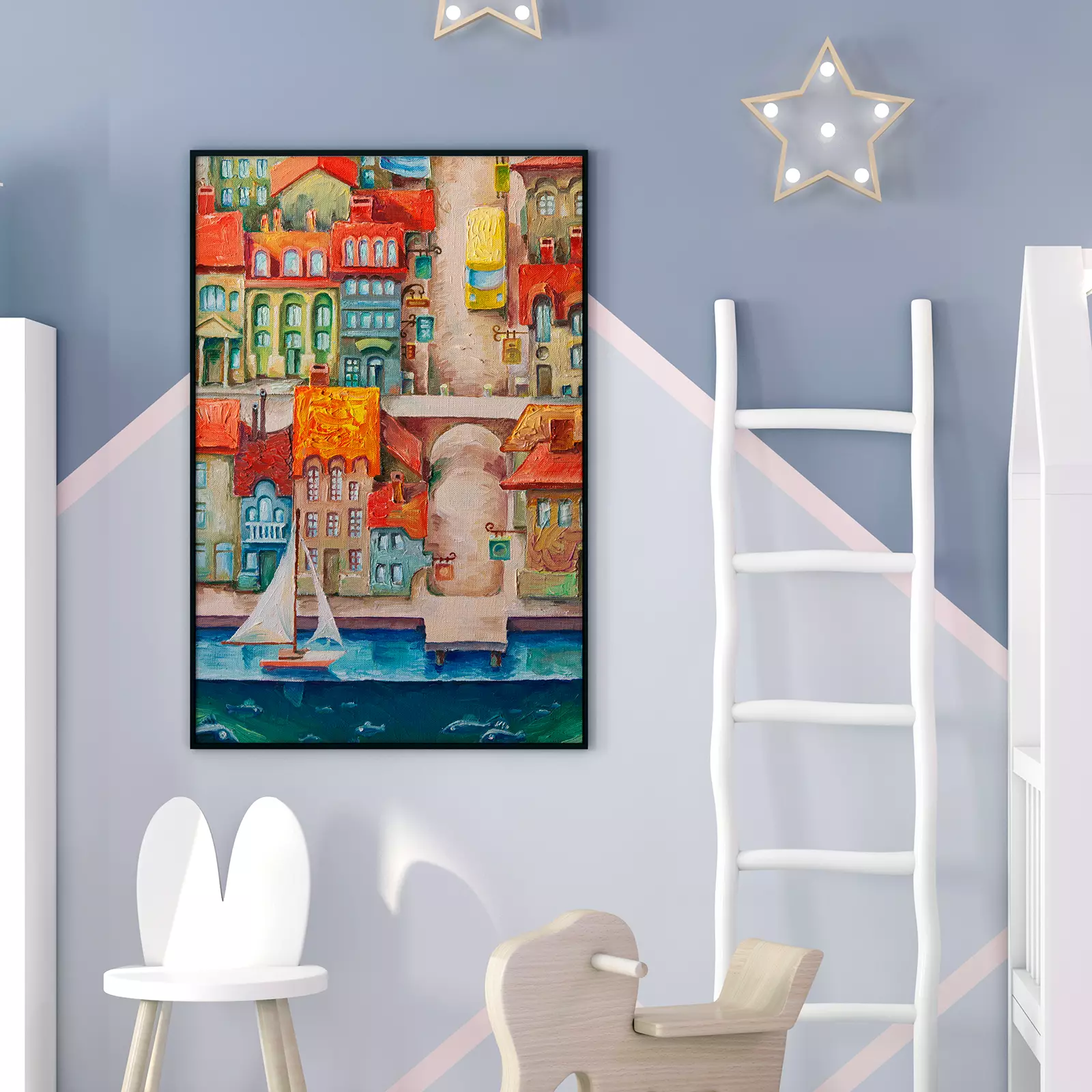 The perspective of a seaside town. Artwork by Alex Tsuper