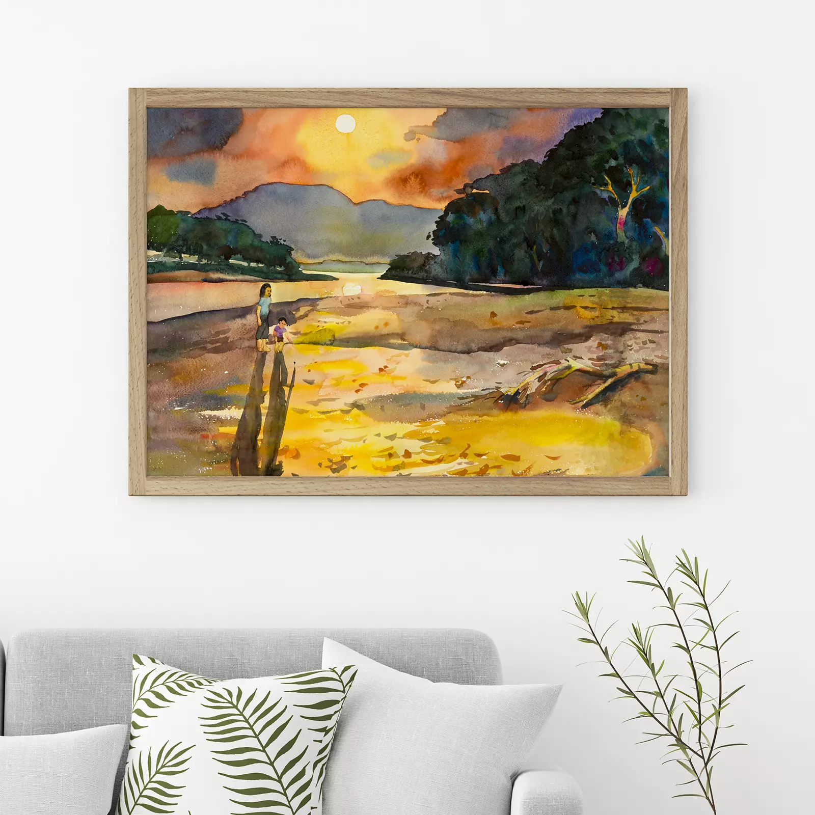 Landscape Of Mother & Child Walking In Sunset