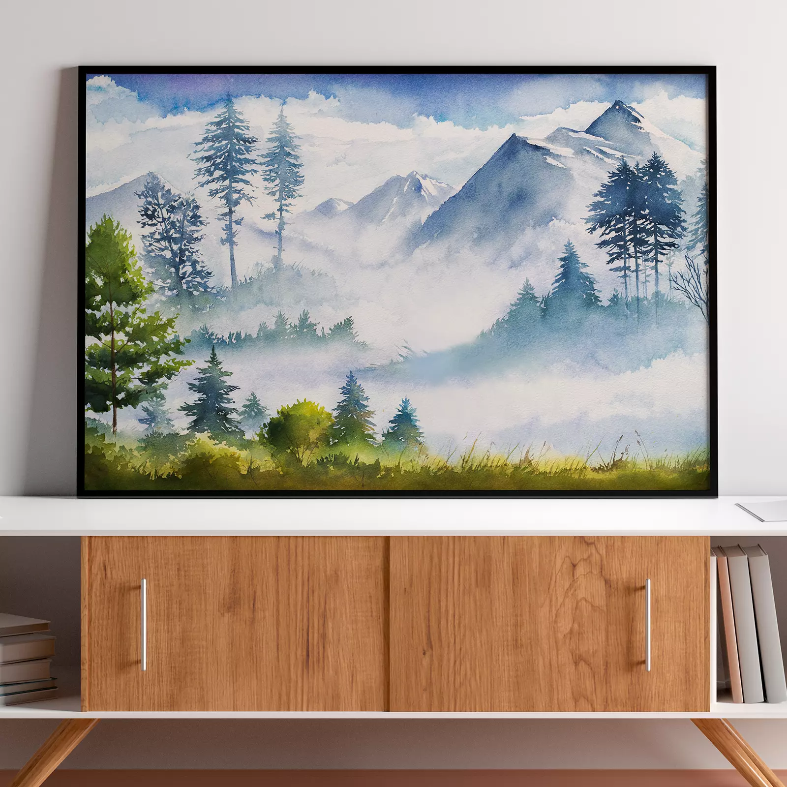 Watercolor Landscape of Forest & Mountain at Winter