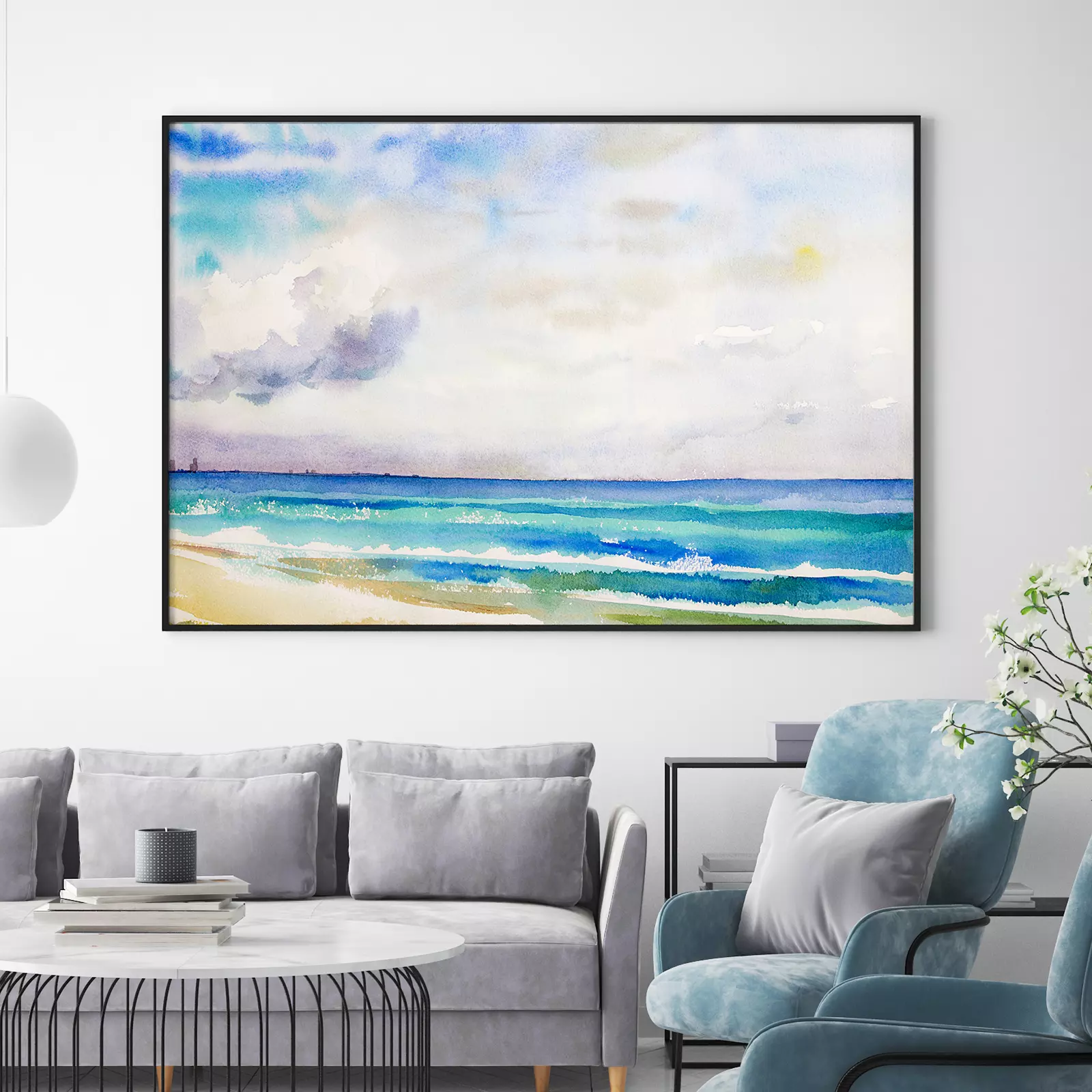 Watercolor Seascape Painting of Beach & Sky in The Morning