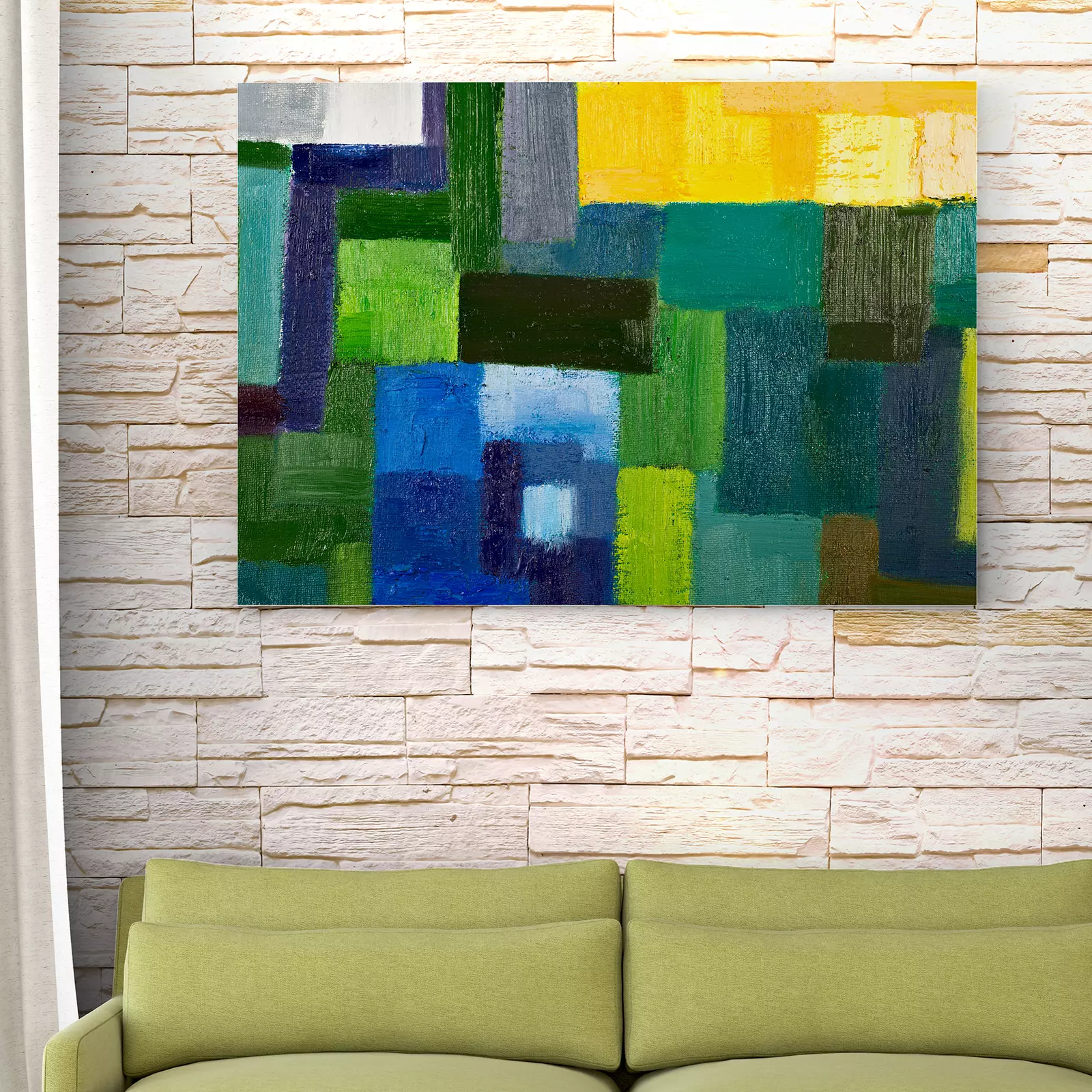 Geometric Painting Fragment On Canvas With Brush Strokes