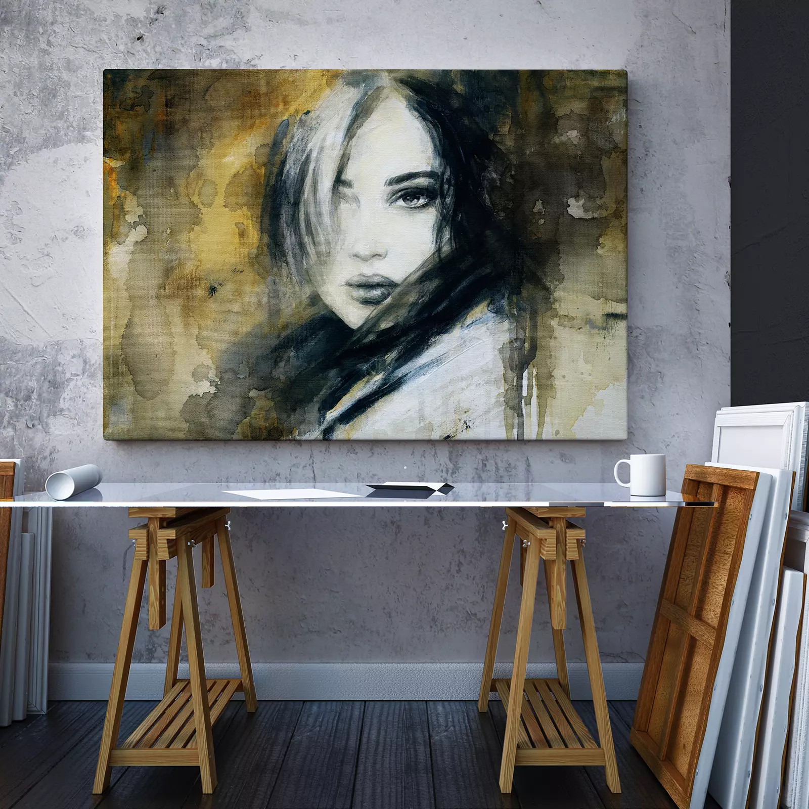 Woman Sketch On Canvas, Acrylic Watercolor Painting