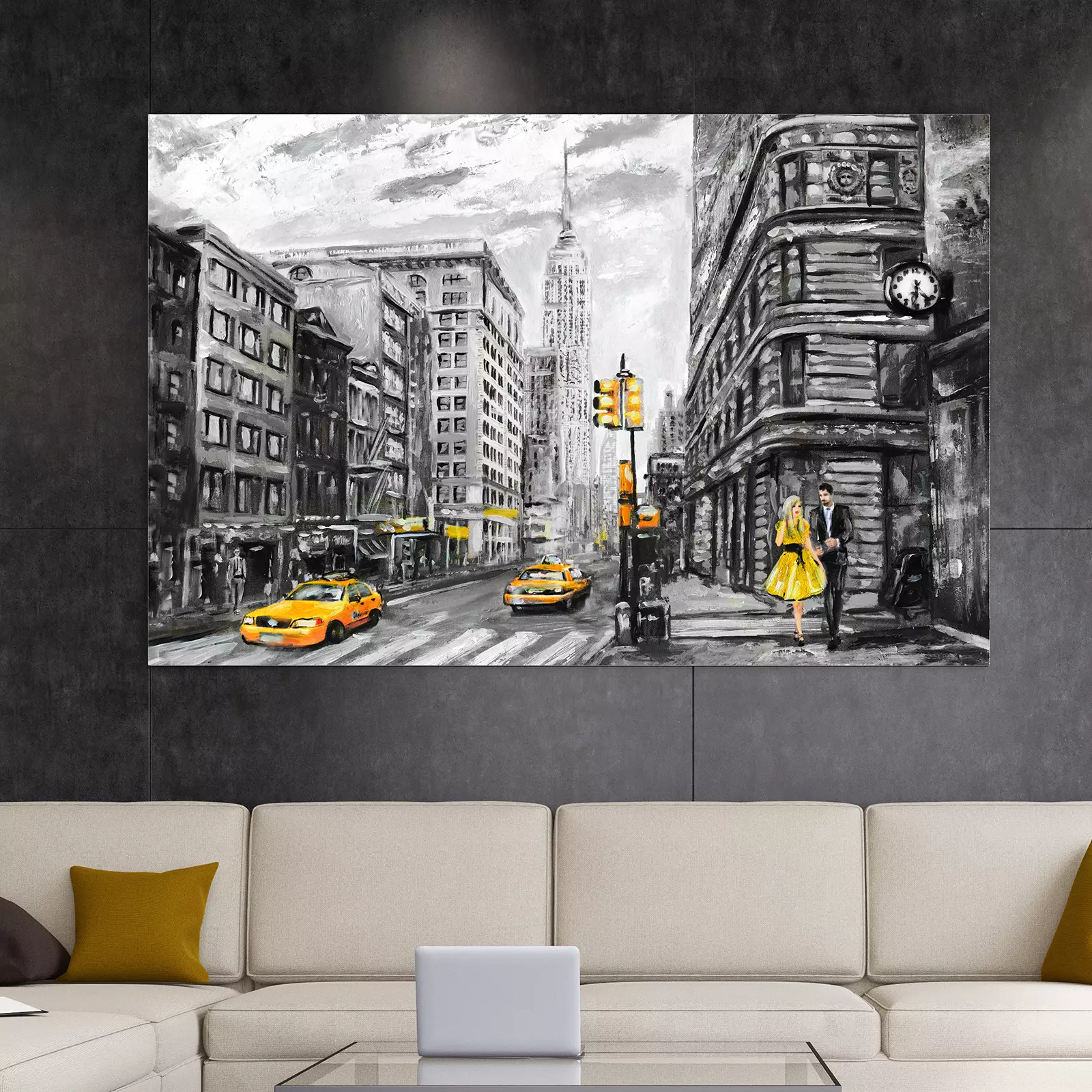 Street view of New York in gray, man and woman, yellow taxi