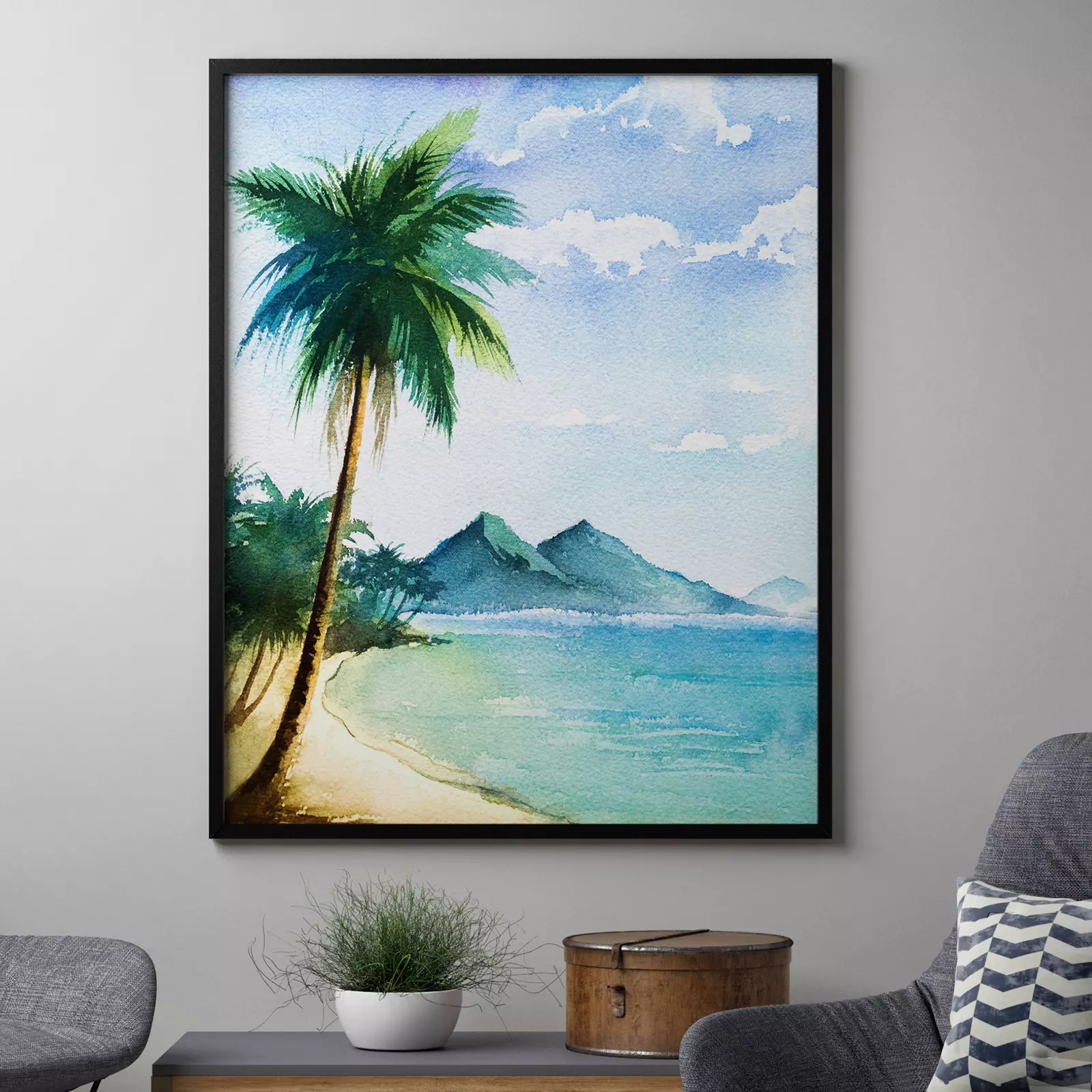 Watercolor Seascape Palm Tree & Mountain