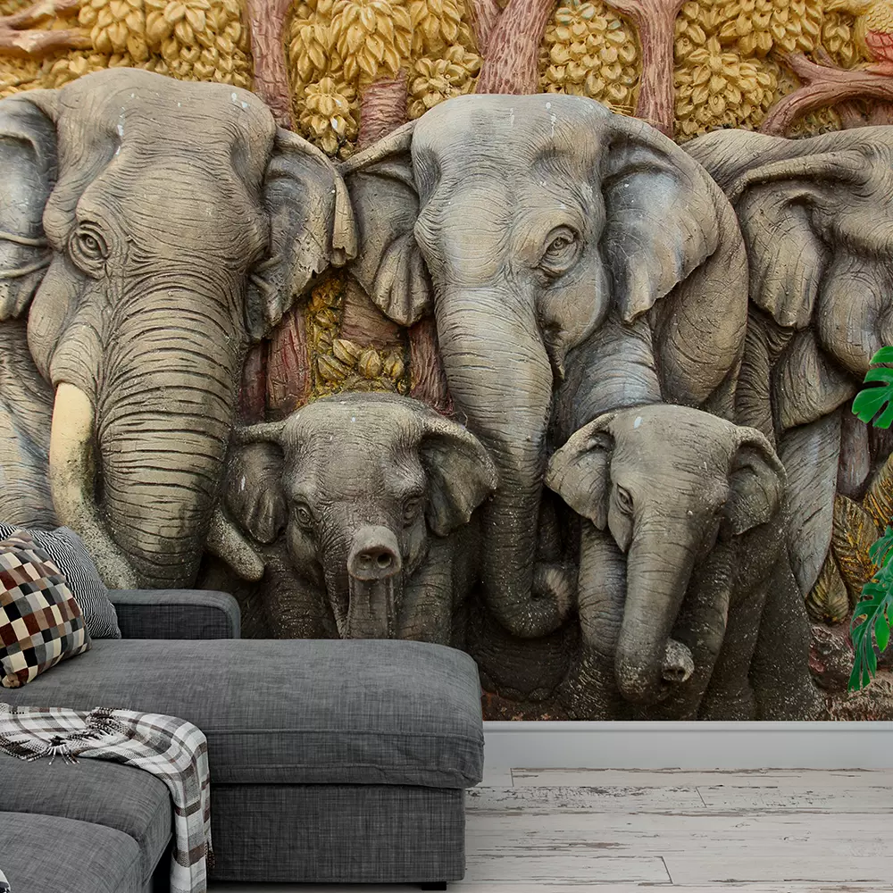 3D ELEPHANTS ON PLASTER WALL