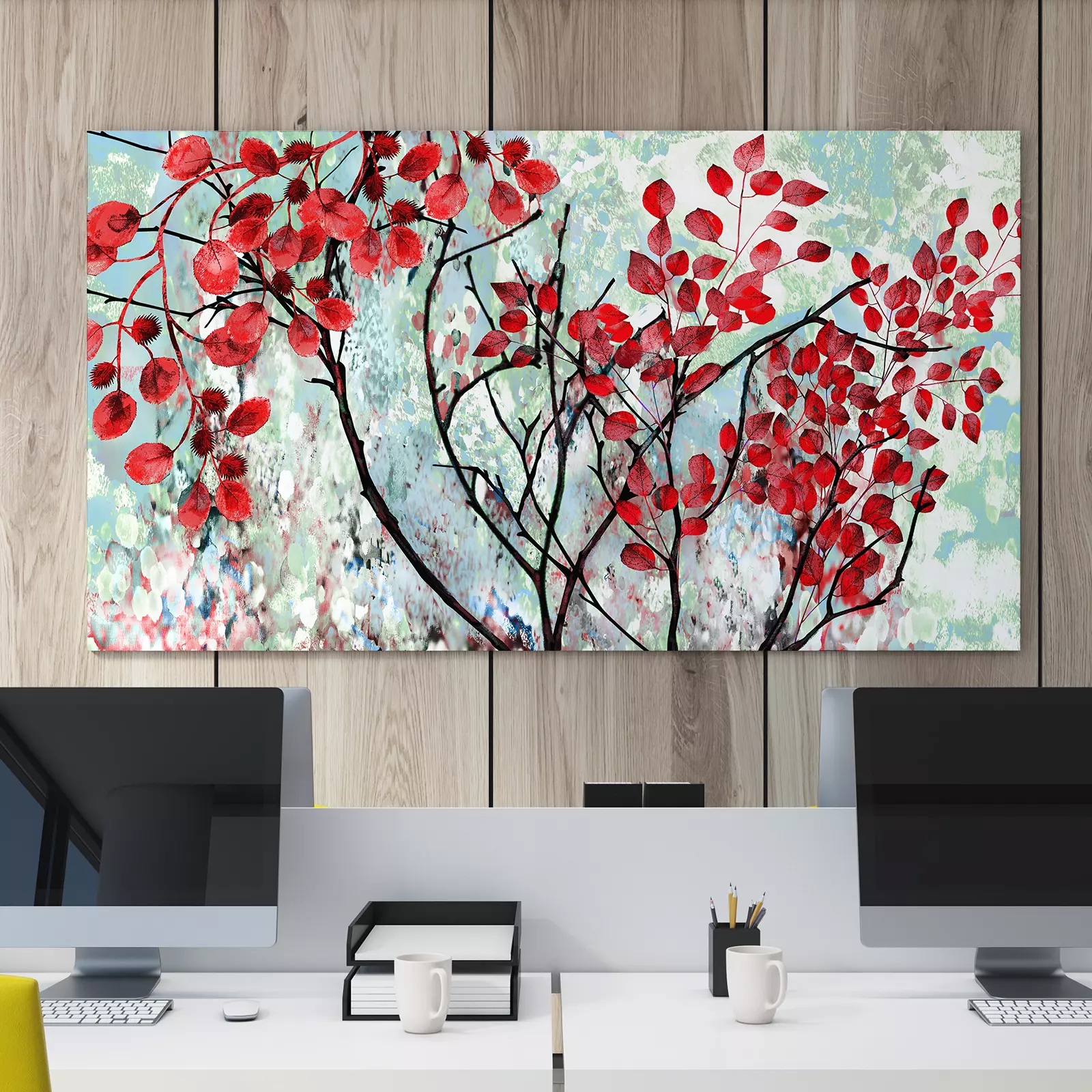 Tree with Red Leaves On Blue Background