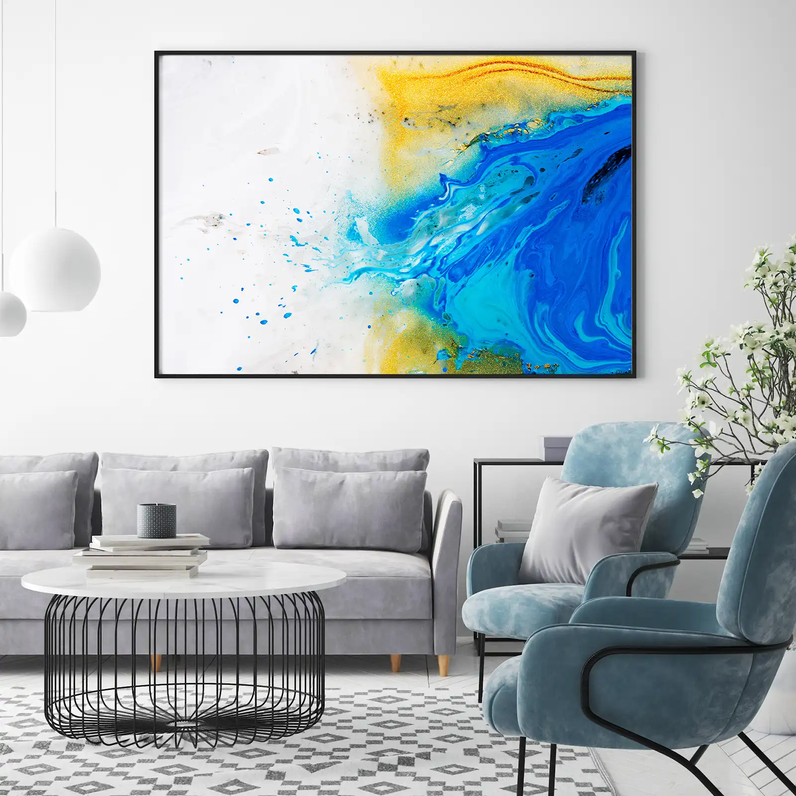 Blue & Yellow Mixed Acrylic Paints. Marble Texture