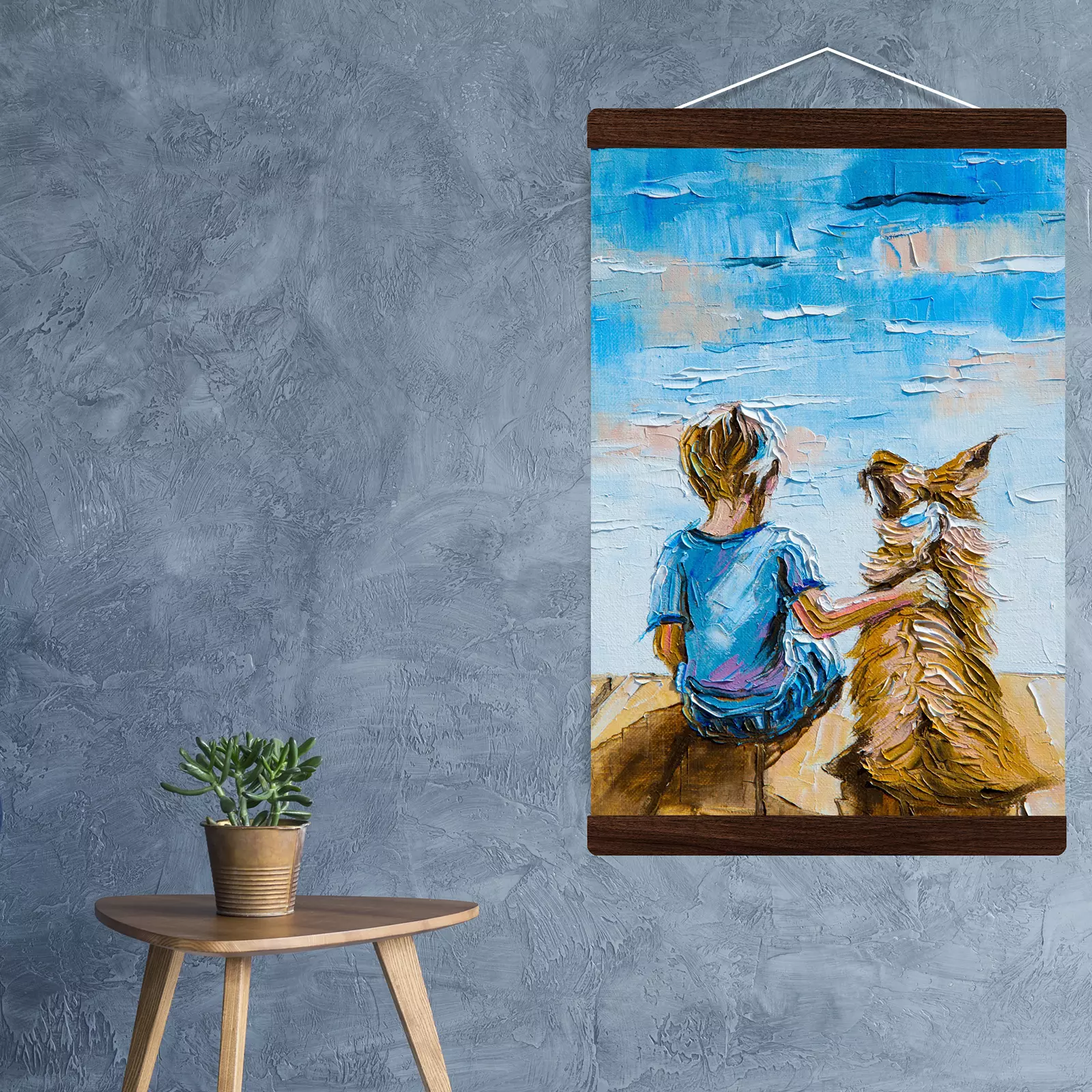 Boy Sitting with A Dog On The Shore of The Lake
