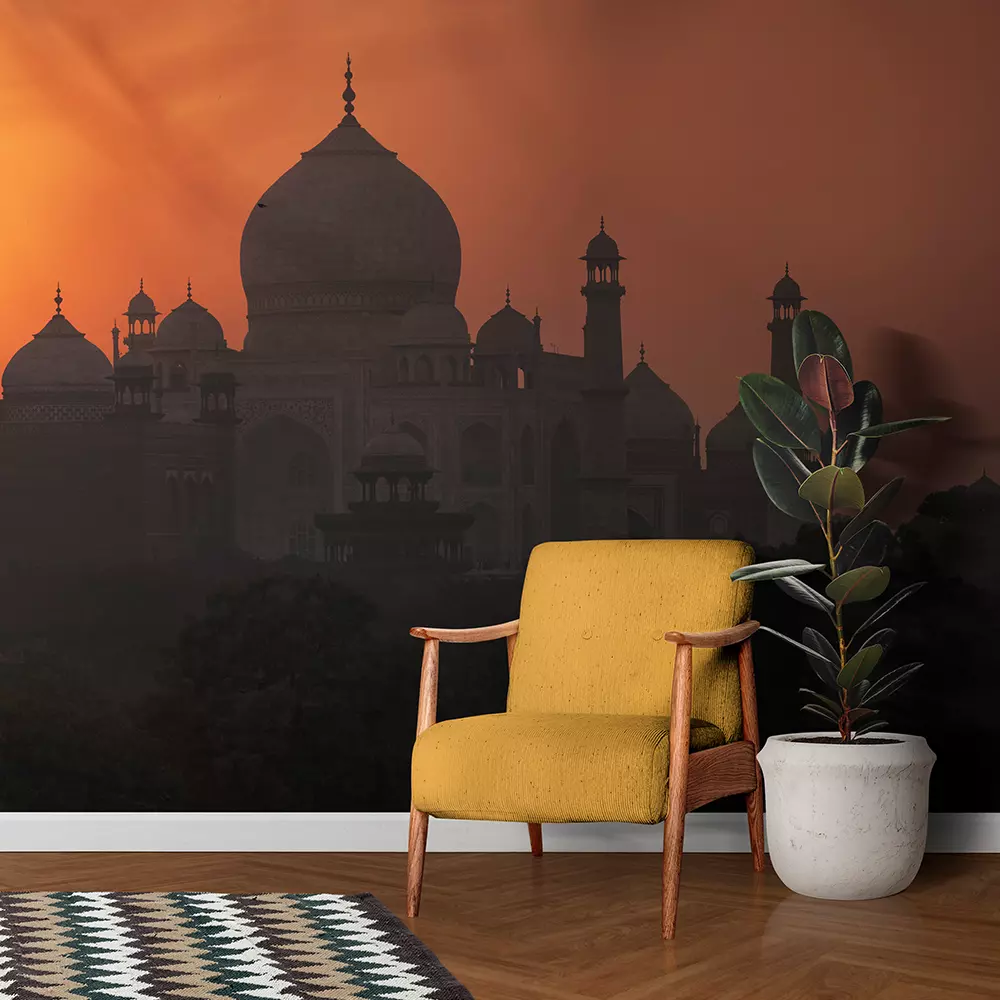 A panoramic view of the Taj Mahal at the time of sunset