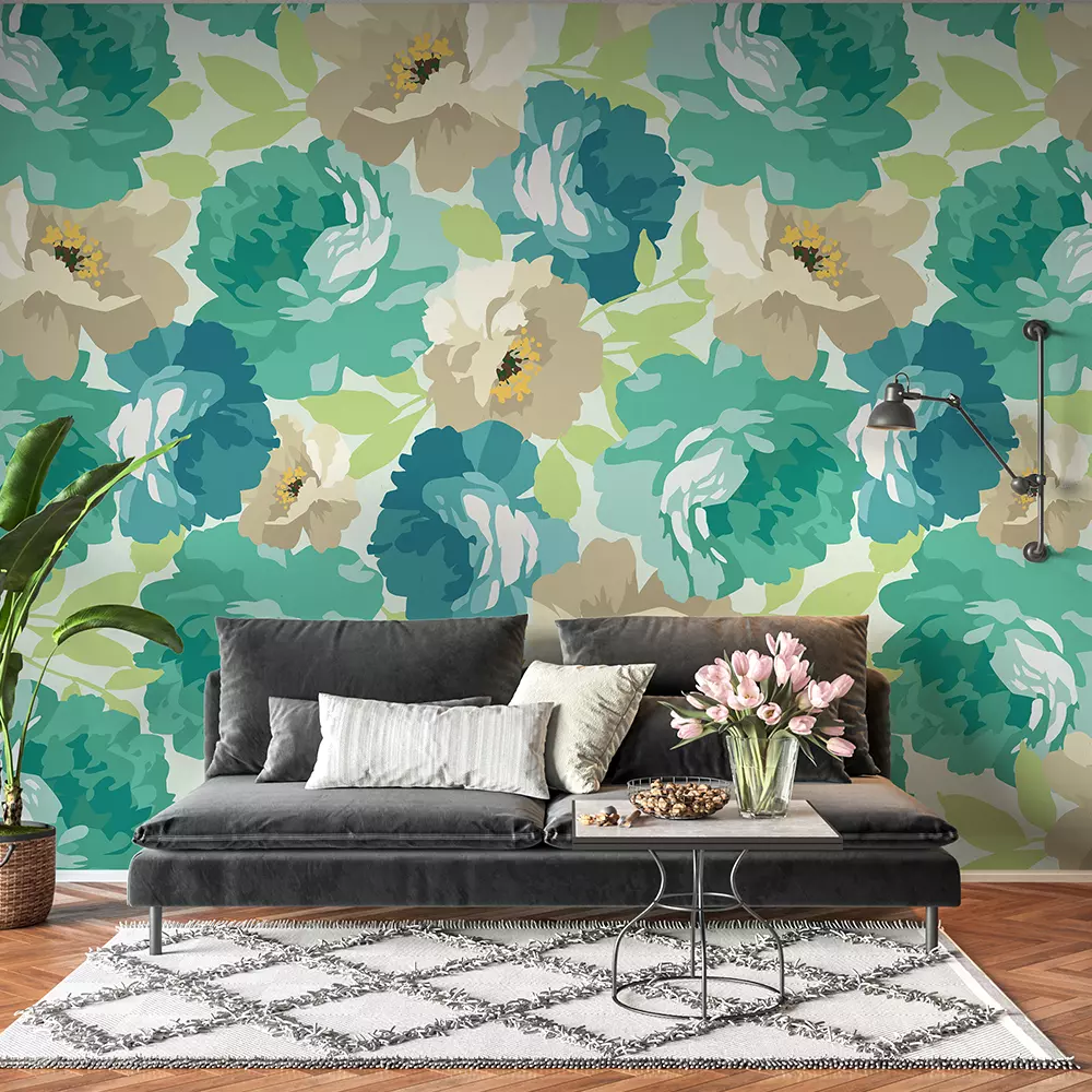 Digitally created floral seamless pattern with green and khaki flowers.
