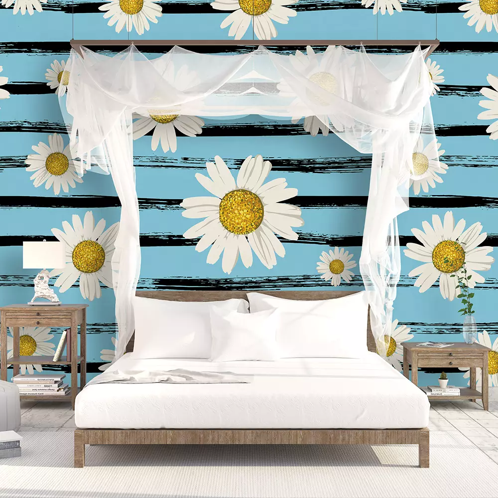 Beautiful white daisies on a bright background. Grunge horizontal stripes. Vector seamless pattern.