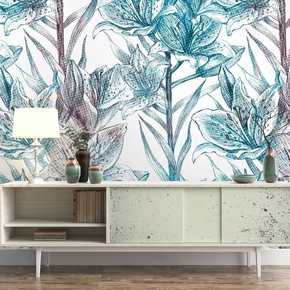 Digitally created Blue lily with gradient effect on white background.