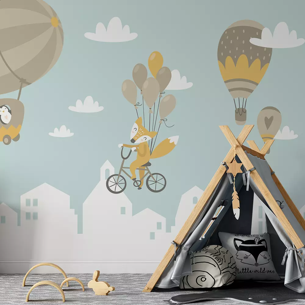 Kids dream graphic illustration of penguin on zaplin hot air balloon and fox