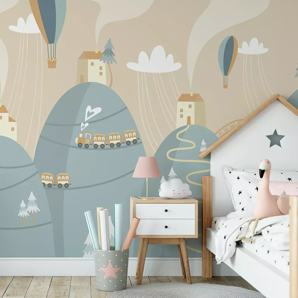Kids dream illustration of train on hill and hot air balloon and houses with smoke from chimeys