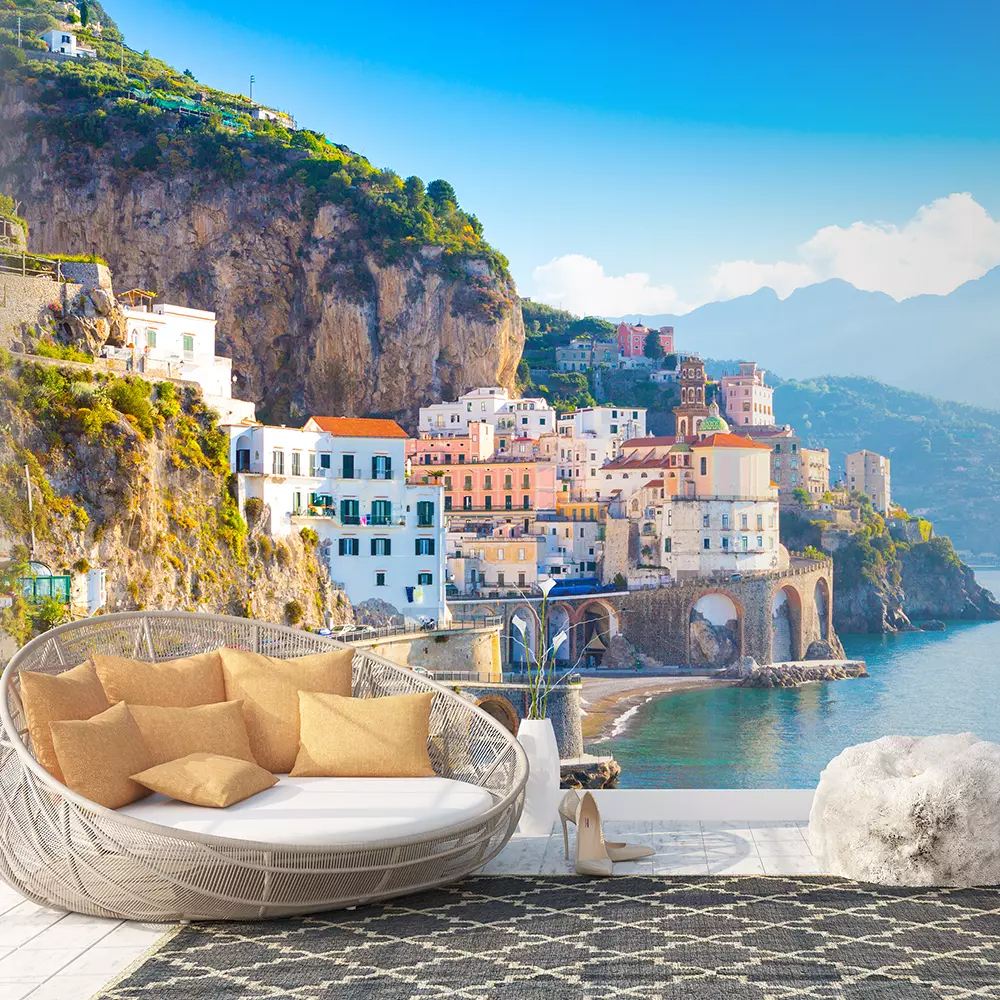 Morning view of Amalfi cityscape on coast line of mediterranean sea Italy