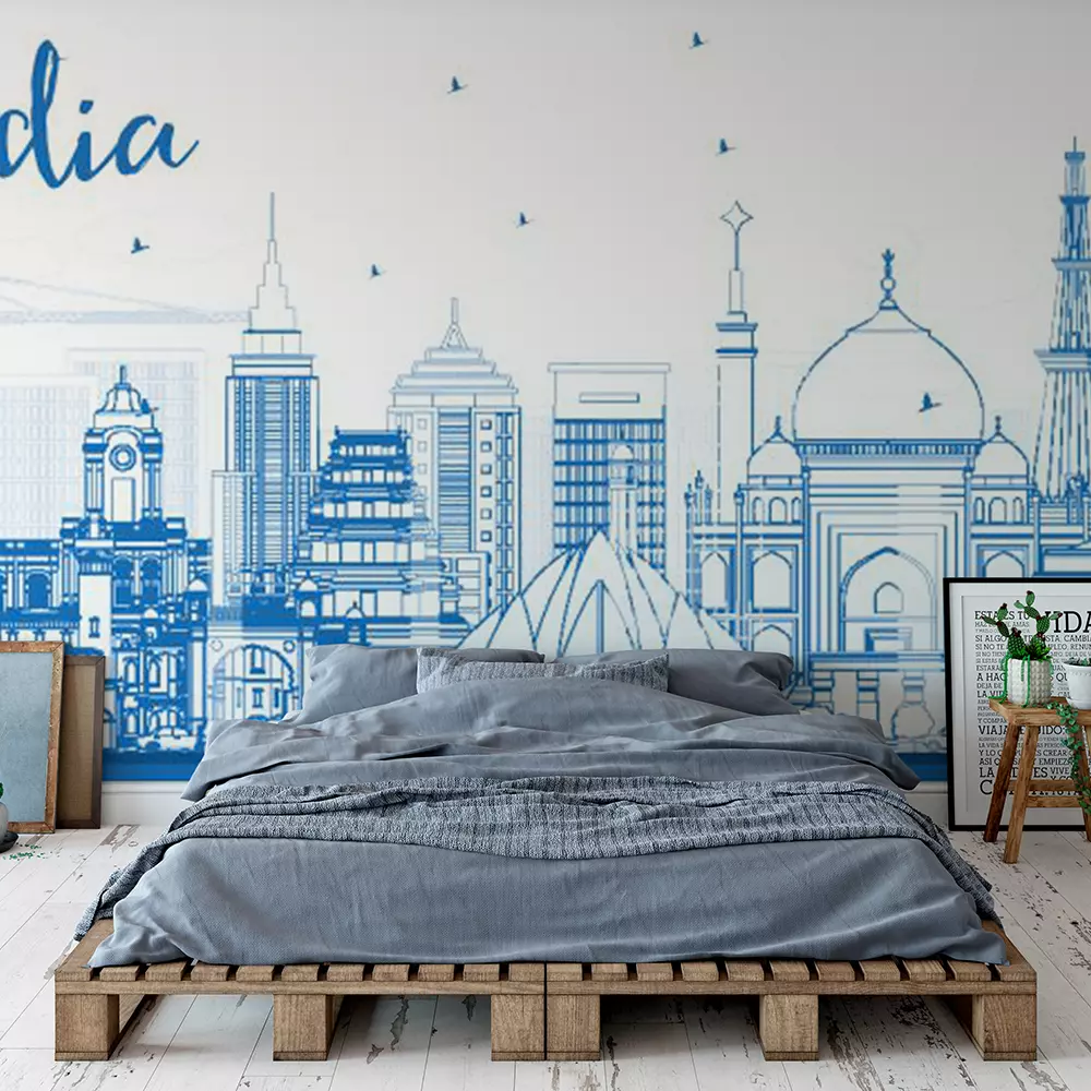 Outline India City Skyline with Blue Buildings Delhi Mumbai Bangalore Chennai Vector Illustration Business