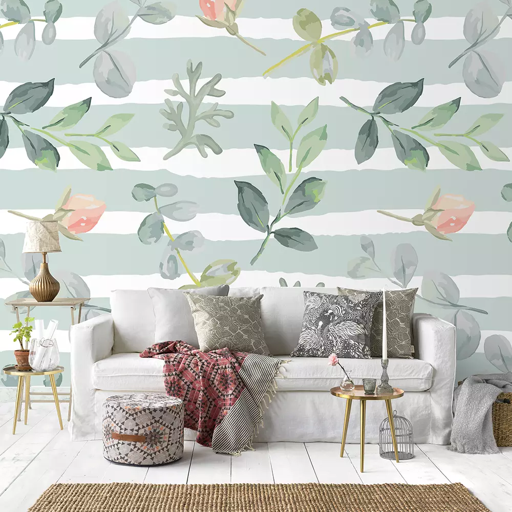 Pale leaves on the striped background Vector seamless pattern Romantic garden illustration Faded colors