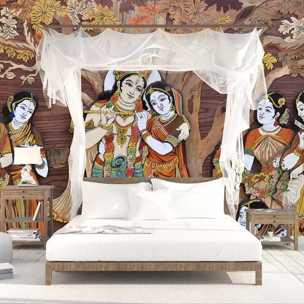 Raised crafted Indian Hindu Gods Krishna and Radha on wood whole background