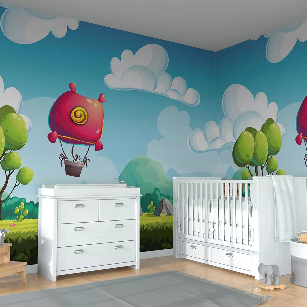 Seamless background blimp above the hills wallpaper for kids room and schools