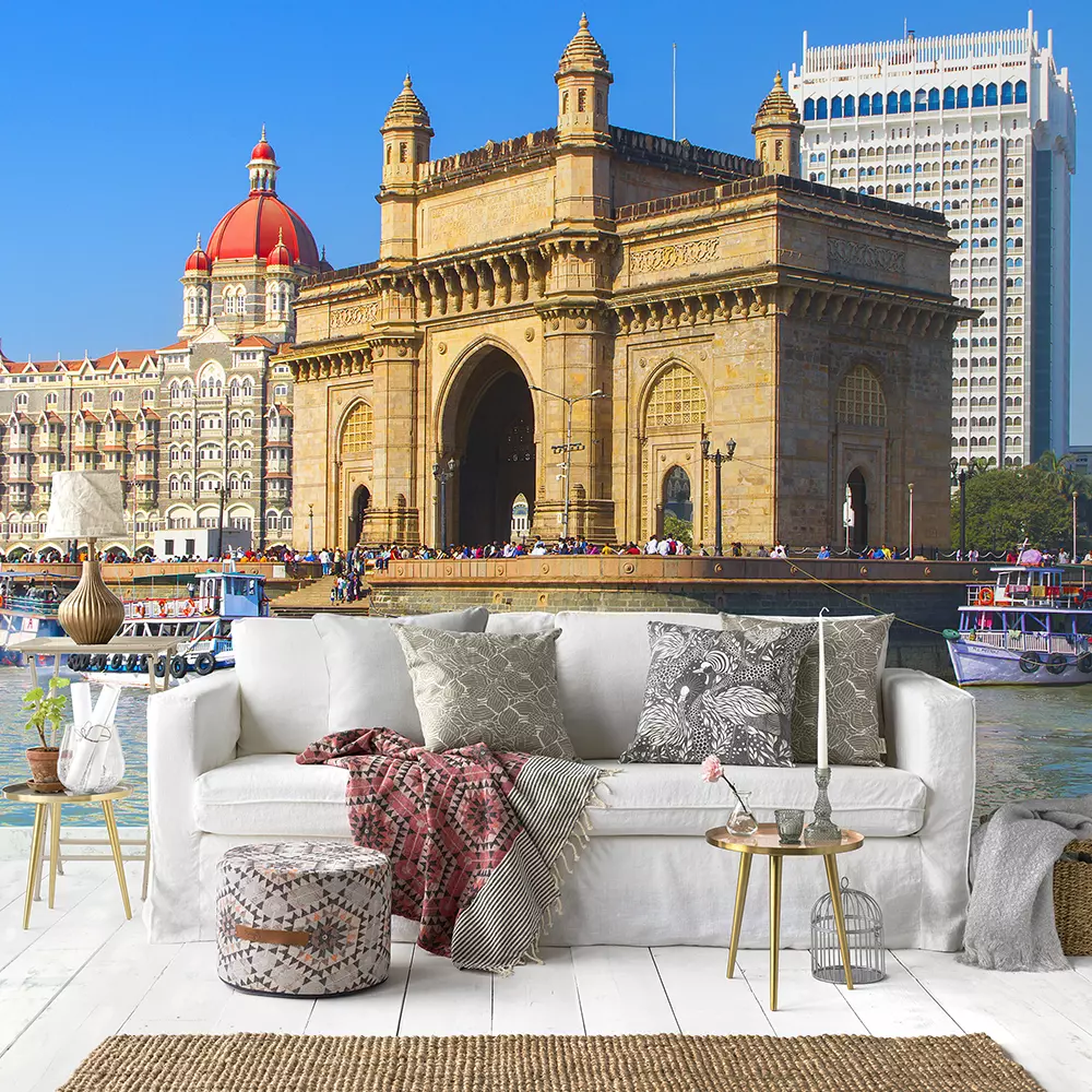 The Gateway of India and boats as seen from the Mumbai Harbour in Mumbai