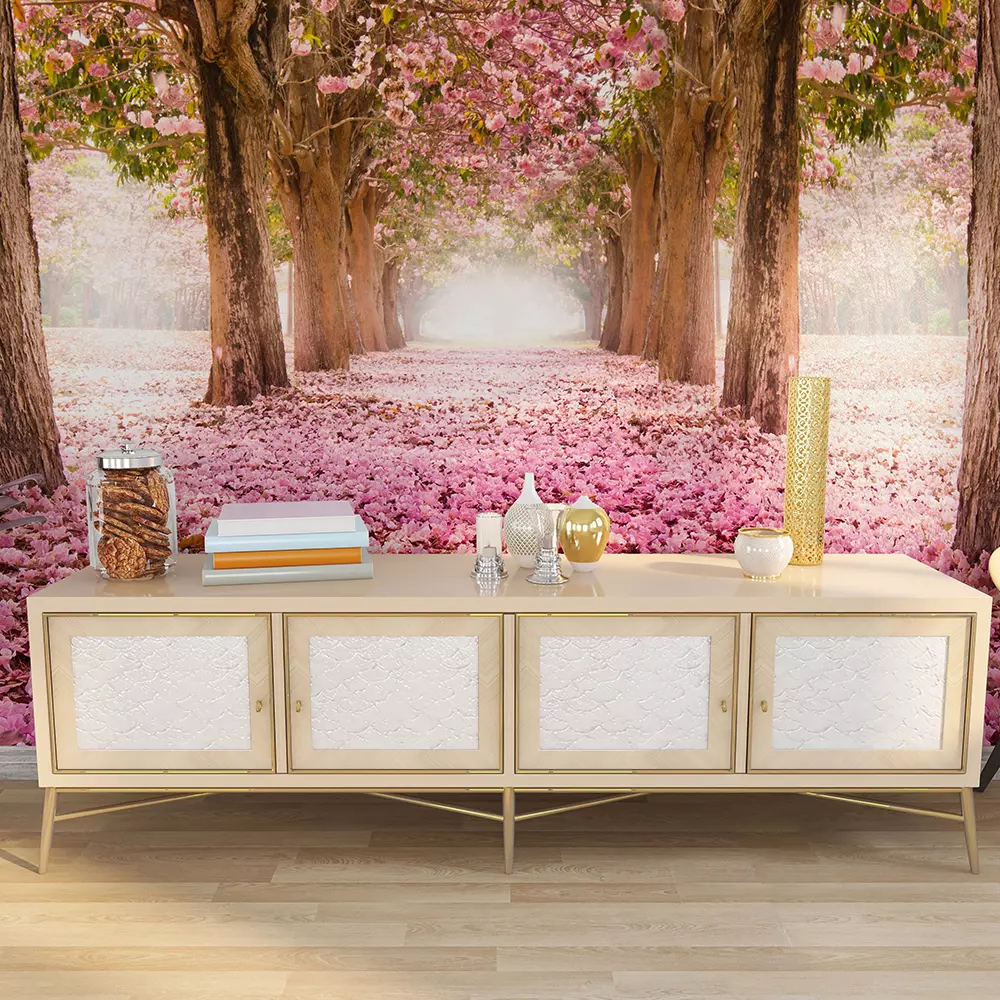 The romantic tunnel of pink flower trees