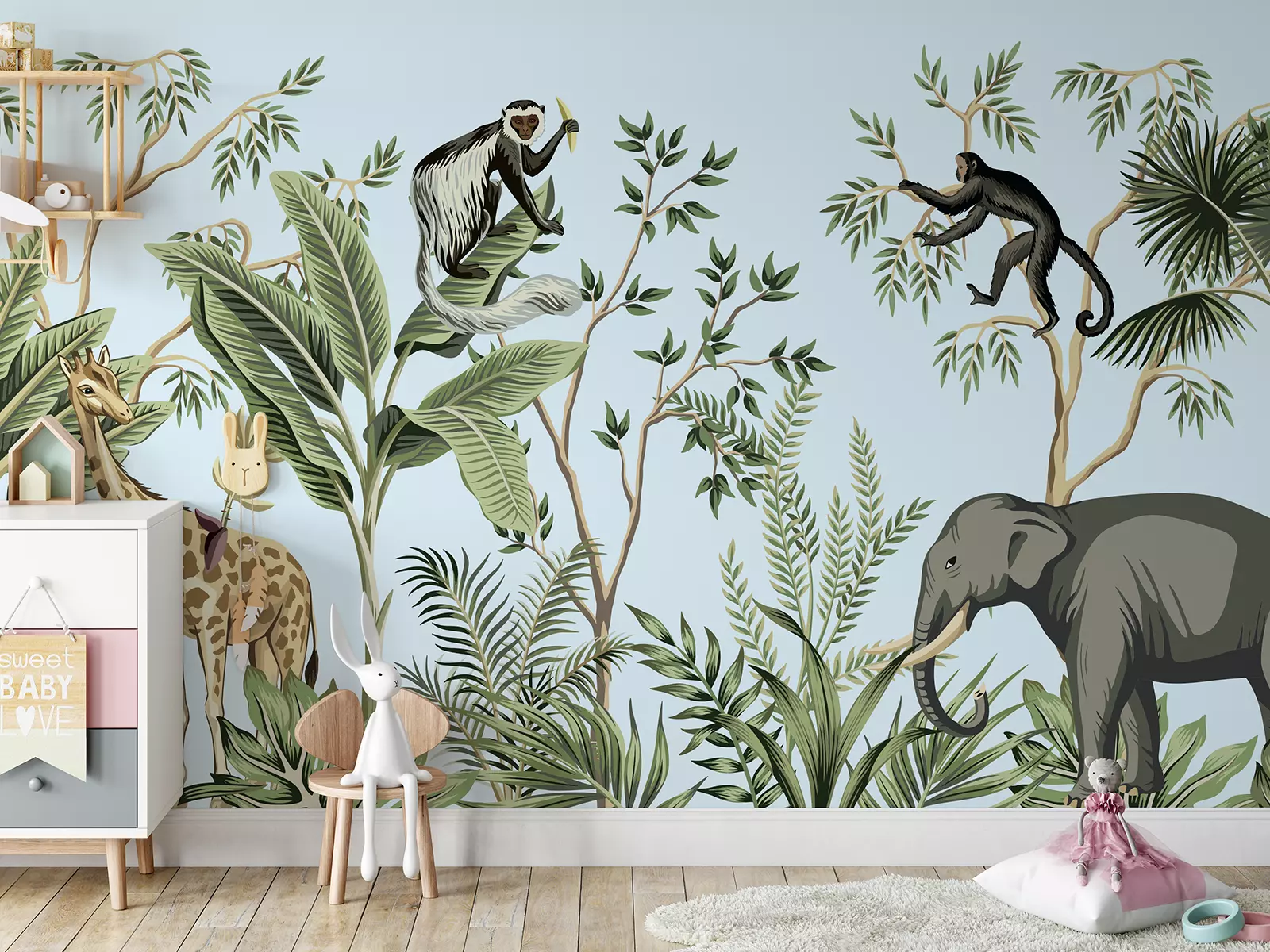 Jungle Animals Wallpaper Border - Leopard, Giraffe, Elephant, Palm Trees - Village HE3540B