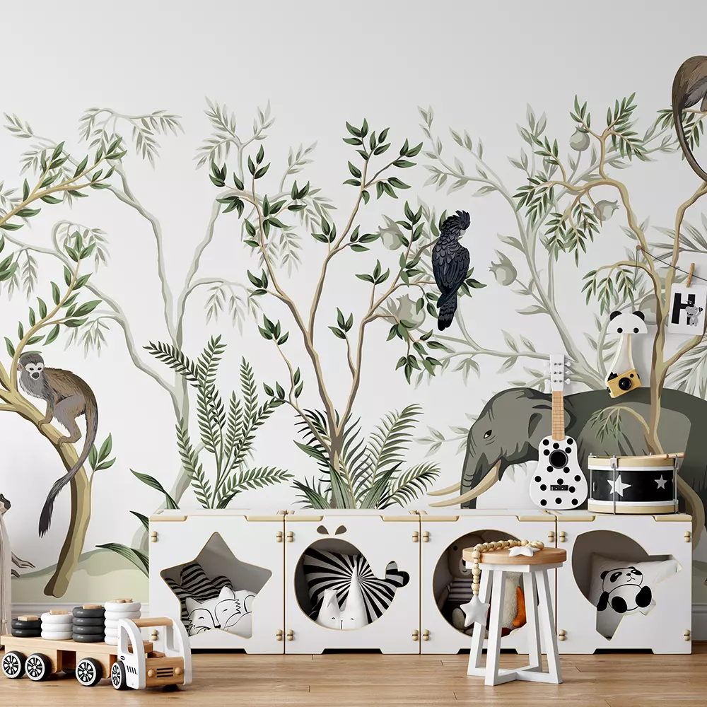 Tropical vintage botanical landscape palm tree plant parro monkey elephant floral seamless