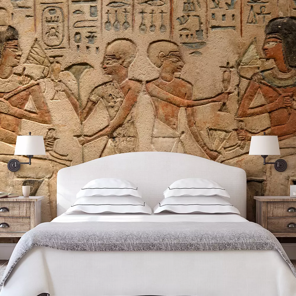 Egyptian gods and hieroglyphs in wall