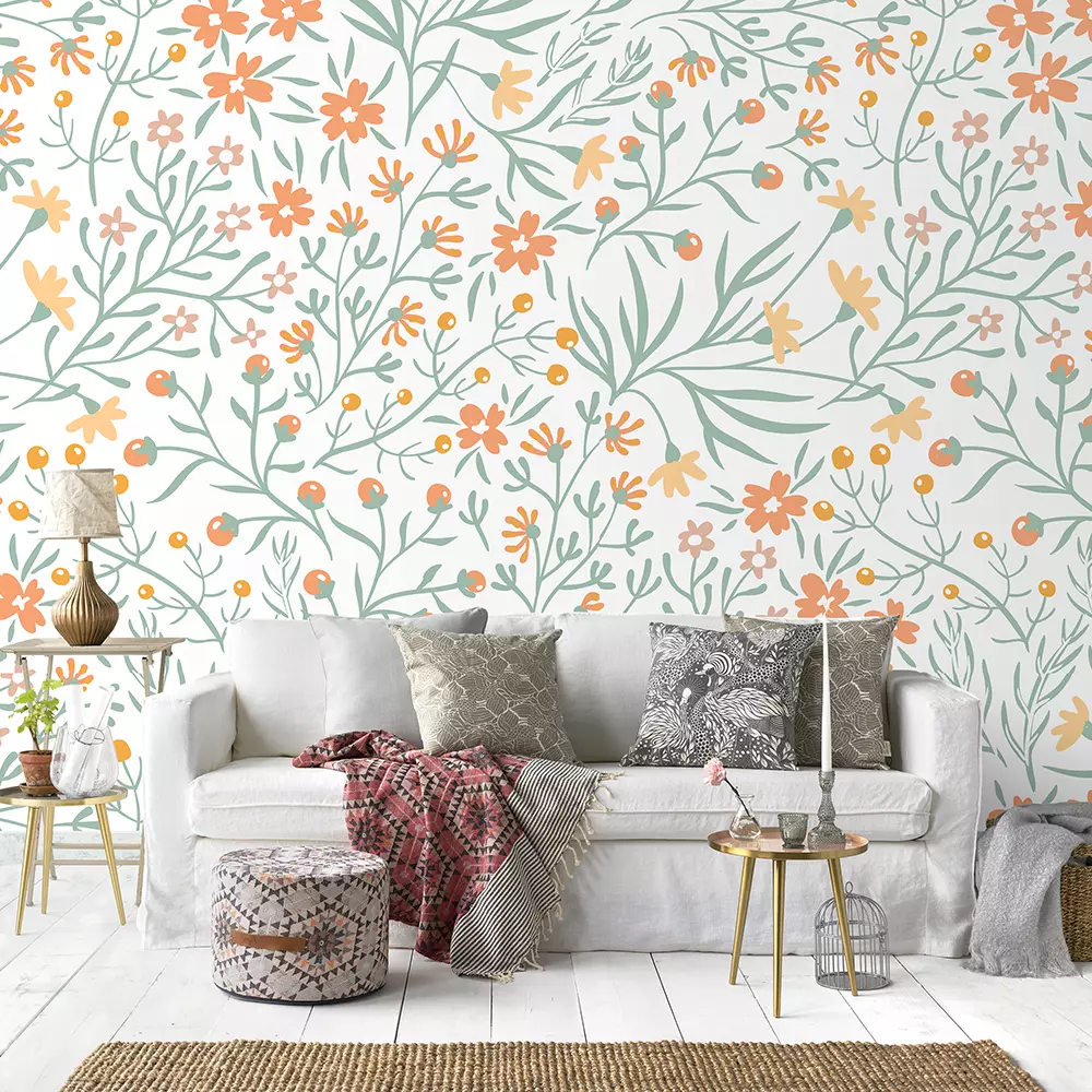 A pattern of flowers and leaves on a white background