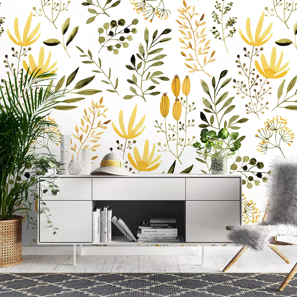 A white background with yellow and green flowers and leaves