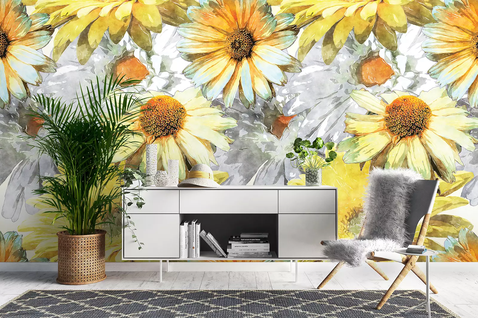 Vintage art of watercolor floral seamless pattern with asters and chamomile or leaves and grasses on the background