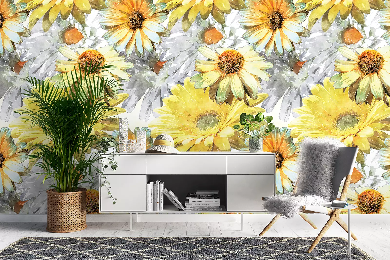 Vintage art of watercolor floral seamless pattern with asters and chamomile or leaves and grasses on the background