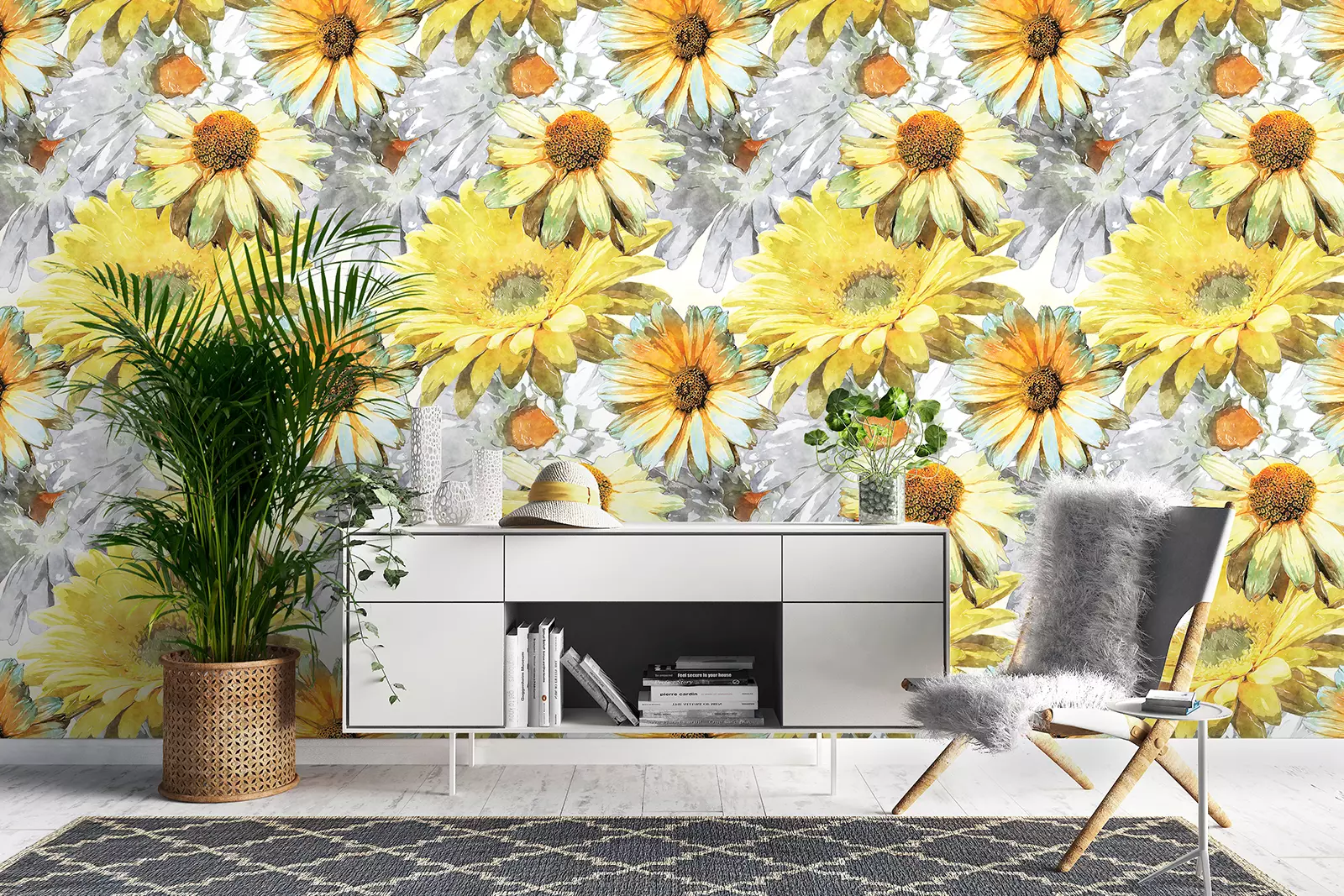 Vintage art of watercolor floral seamless pattern with asters and chamomile or leaves and grasses on the background