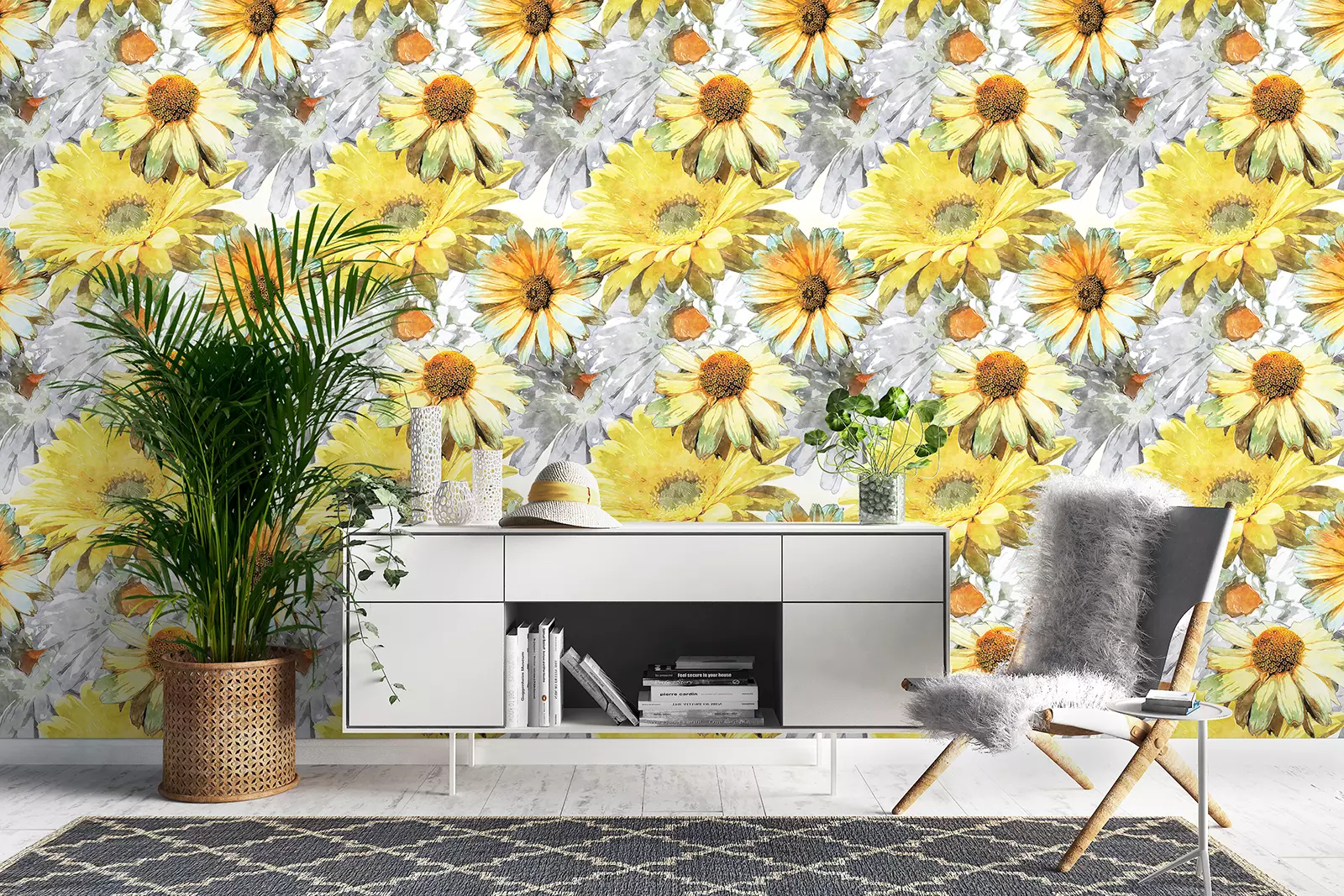 Vintage art of watercolor floral seamless pattern with asters and chamomile or leaves and grasses on the background