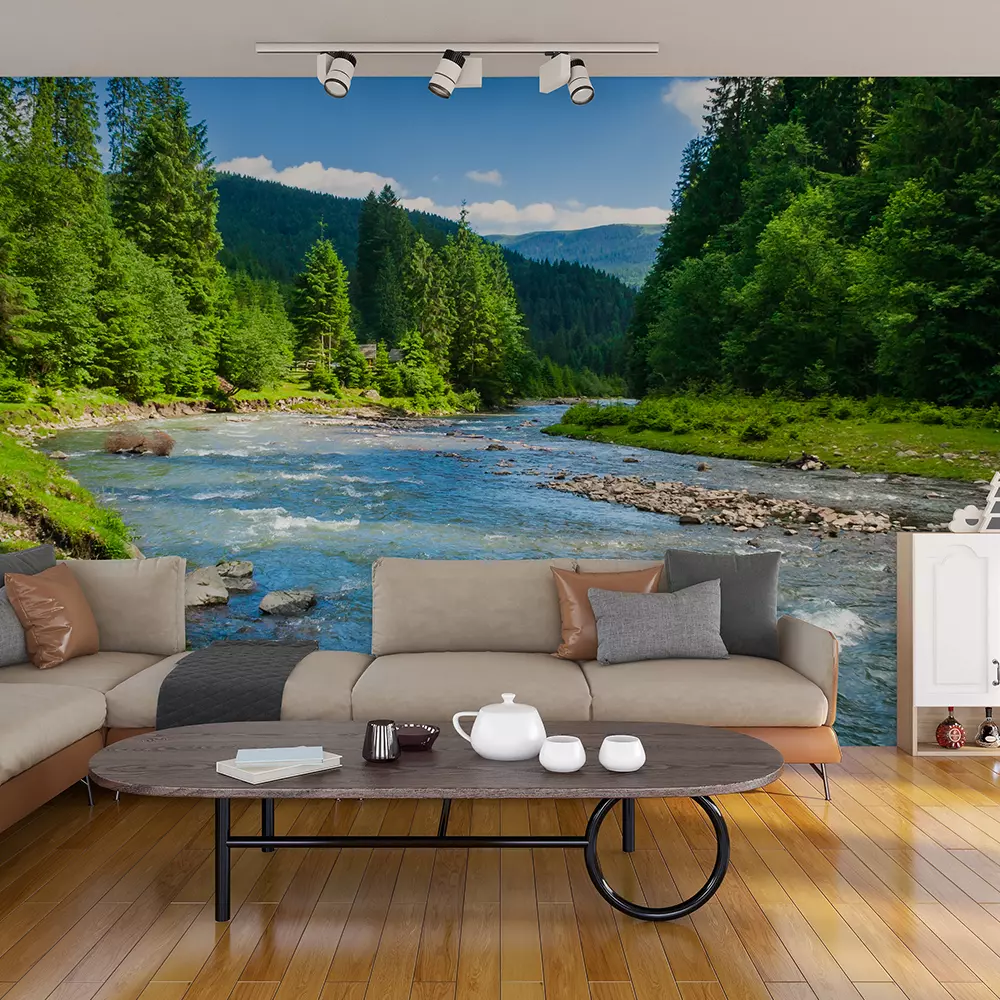 landscape with mountains forest and a river in front