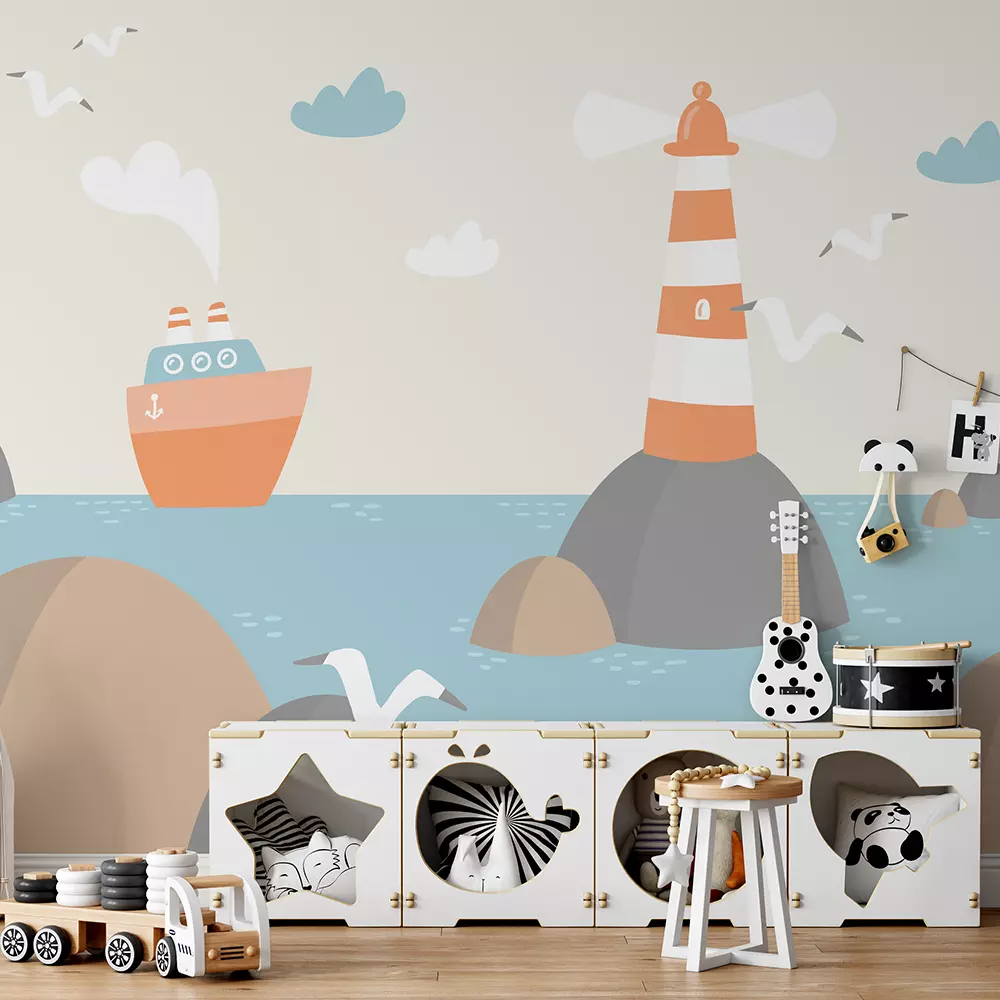 Lighthouse with ship birds for kids room as wallpaper decoration kids