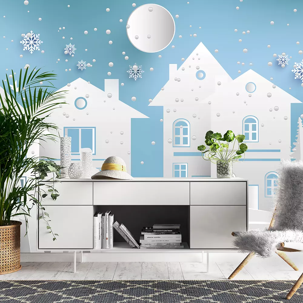 scenery in the winter with families in front of the house and snowy hills design