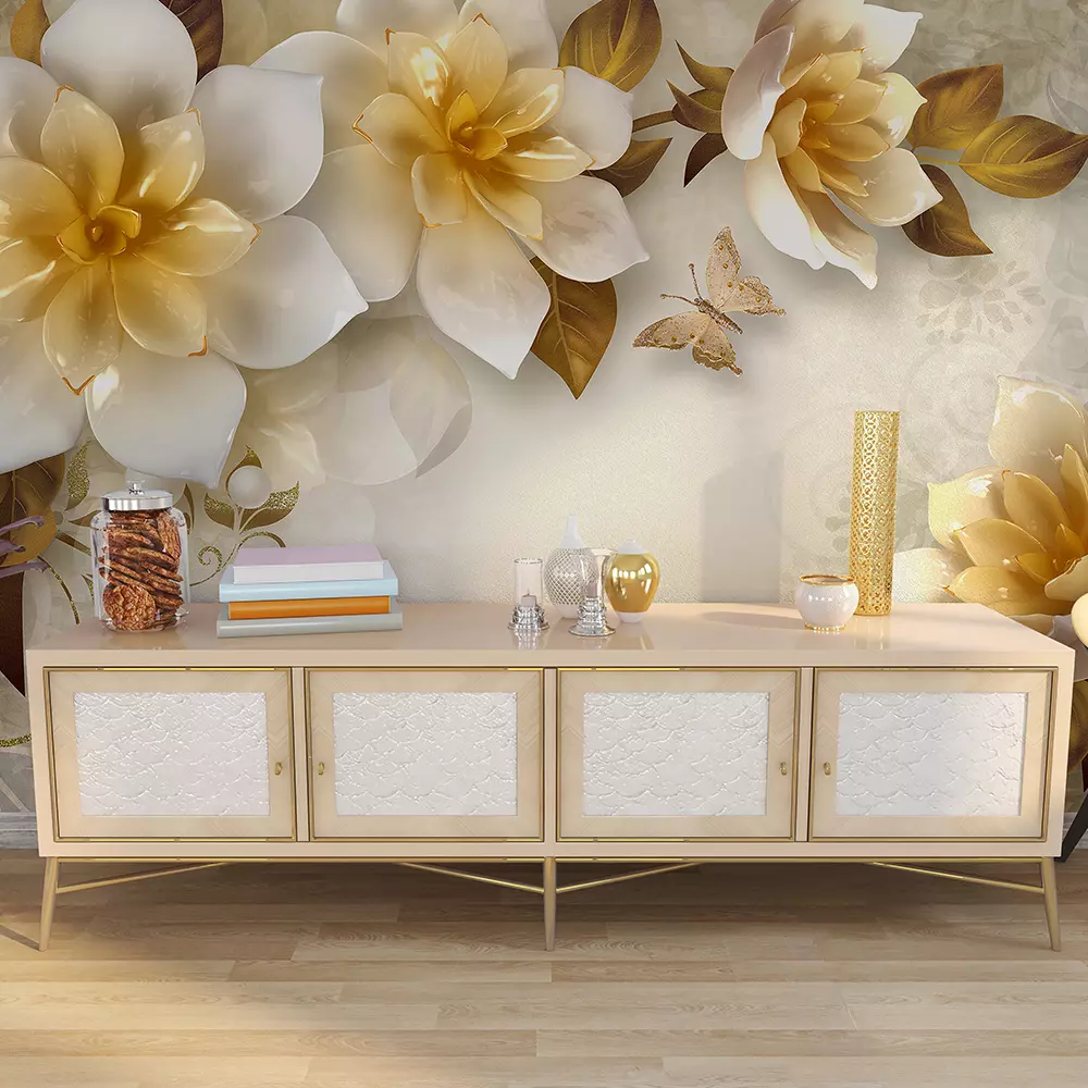 3D marble flower wallpaper with butterfly