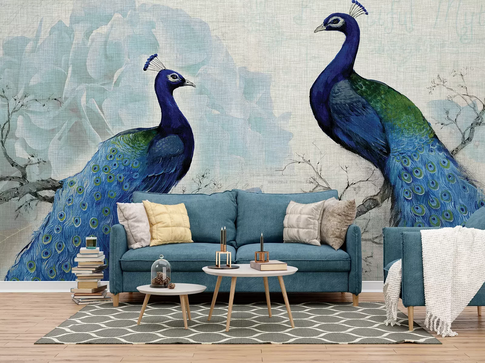 3d mural background blue peacock - Merawalaprint