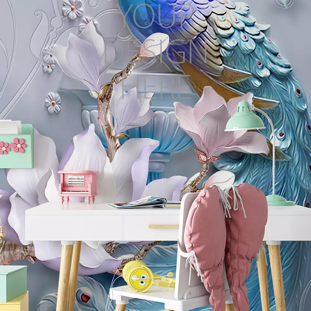 3d mural paint illustration of colored peacock